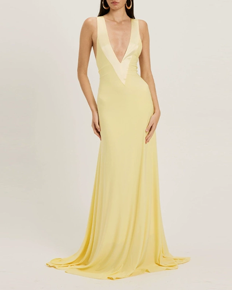 Zuri Yellow Deep V-Neck Contrast Trim Maxi Dress