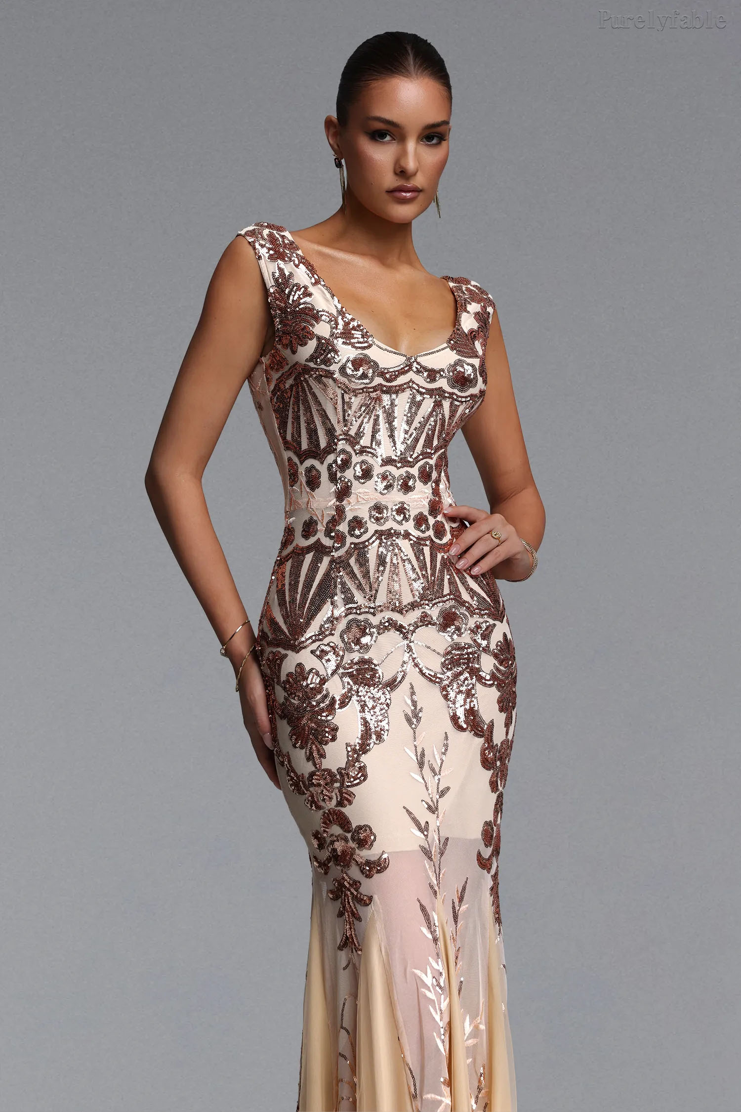 Aurora Gold Sequined Double-Shoulder Dress