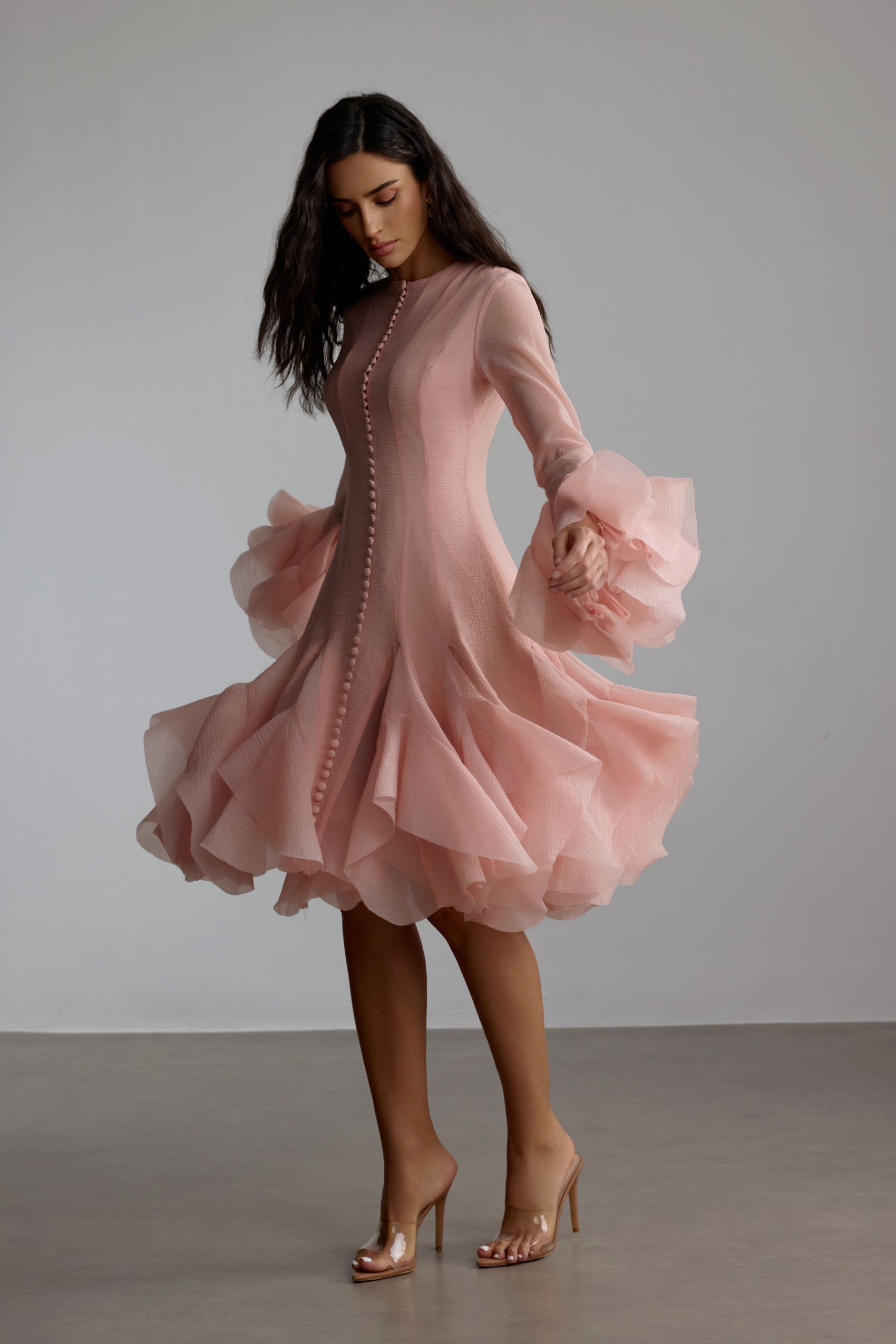 Gloria Long Sleeve Flared Hem Midi Dress-purelyfable