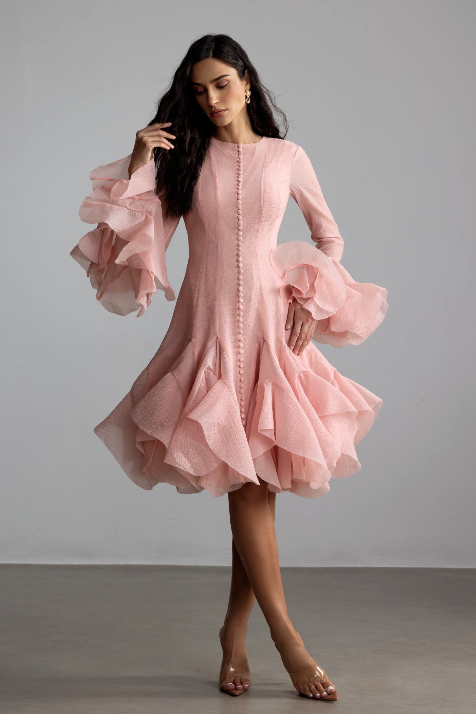 Gloria Long Sleeve Flared Hem Midi Dress-purelyfable