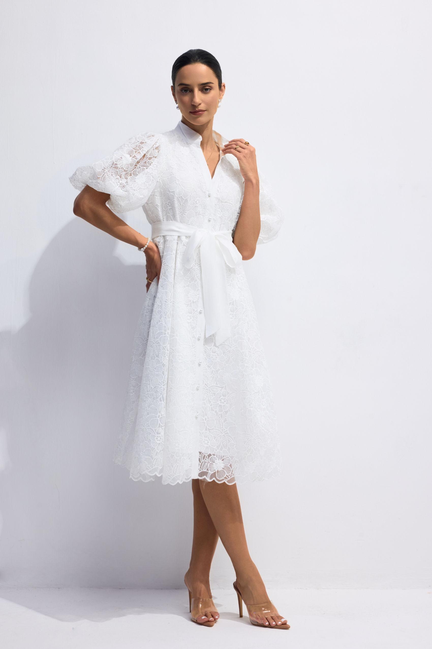 Bertha Floral Embroidered Lace Belted Mini Dress-purelyfable