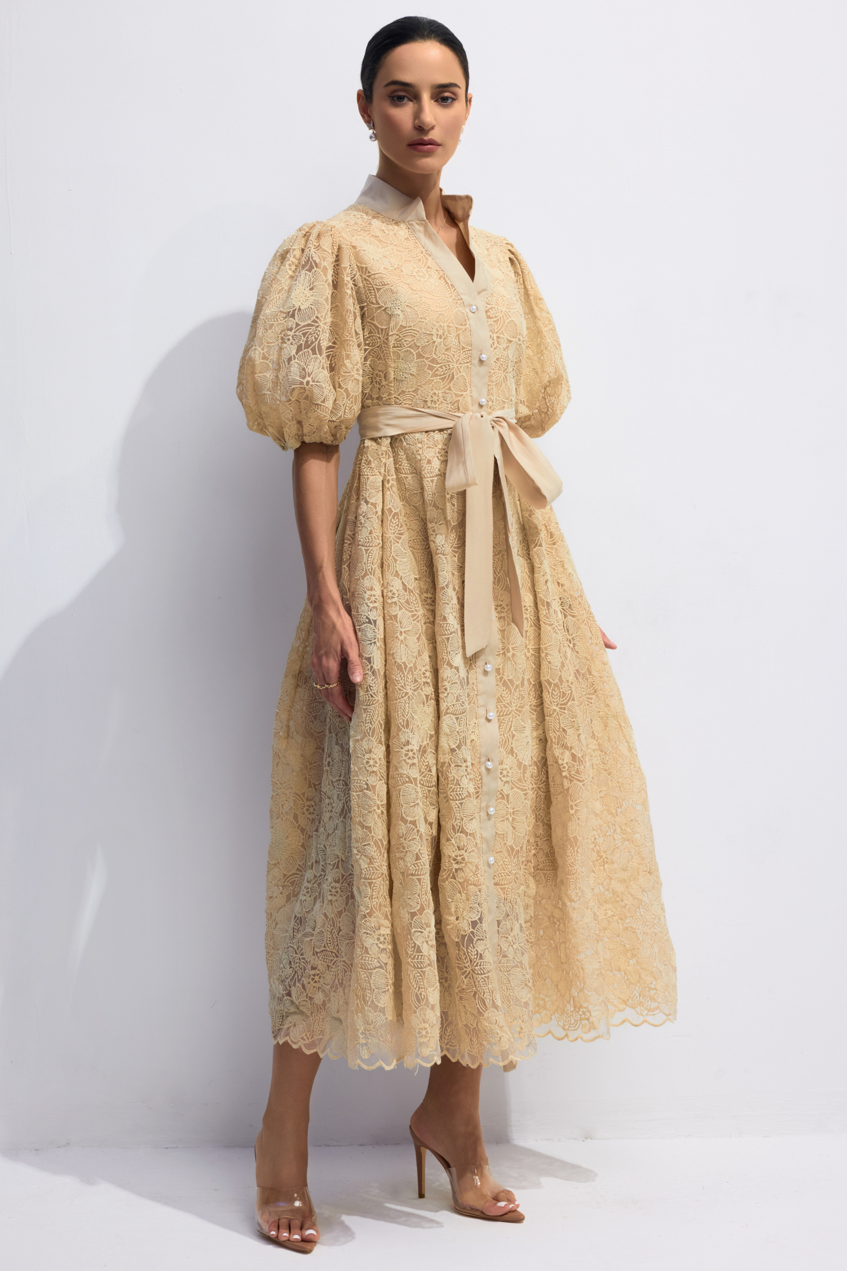 Diana Floral Embroidered Lace Belted Midi Dress-purelyfable