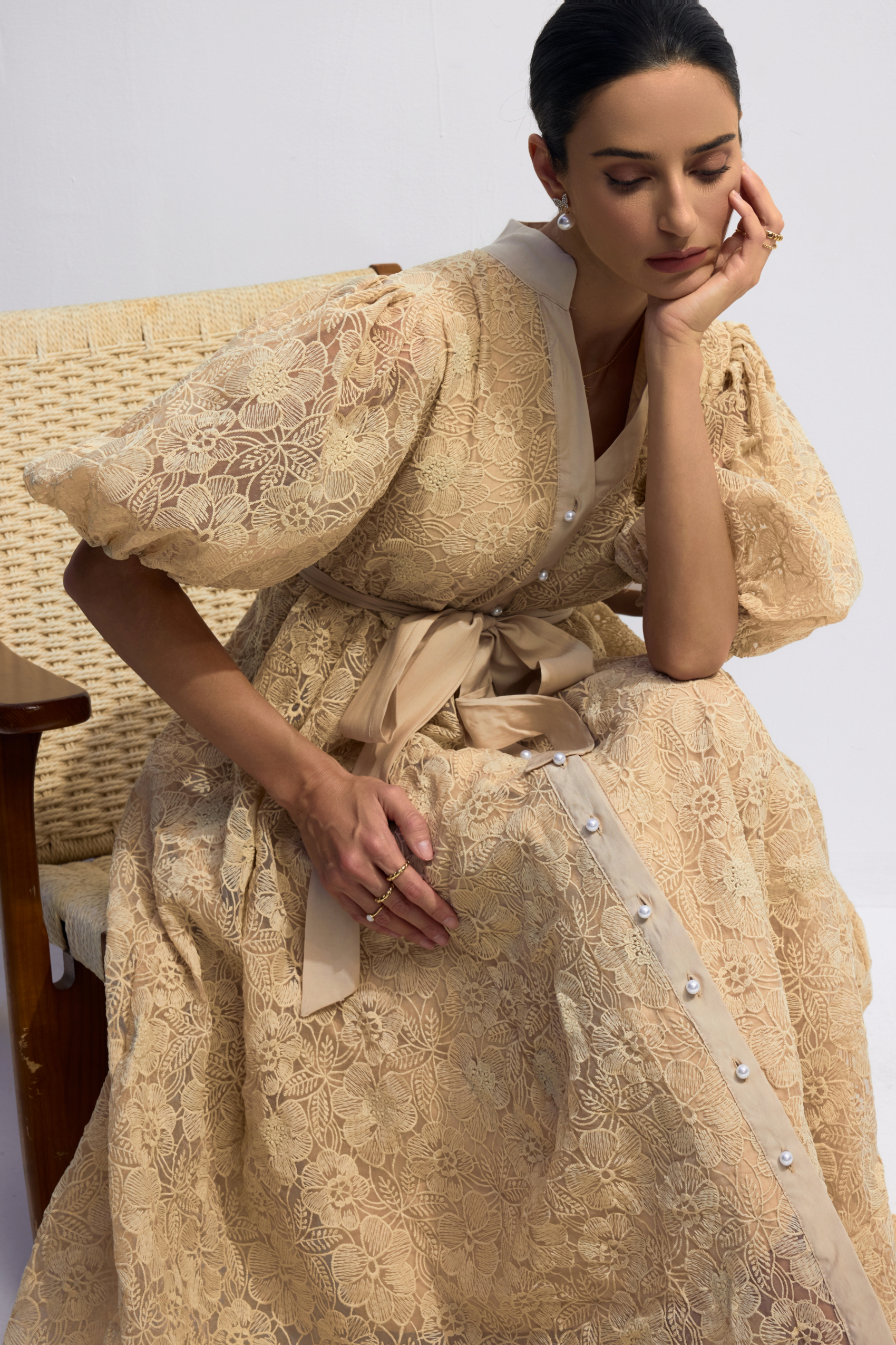 Diana Floral Embroidered Lace Belted Midi Dress-purelyfable