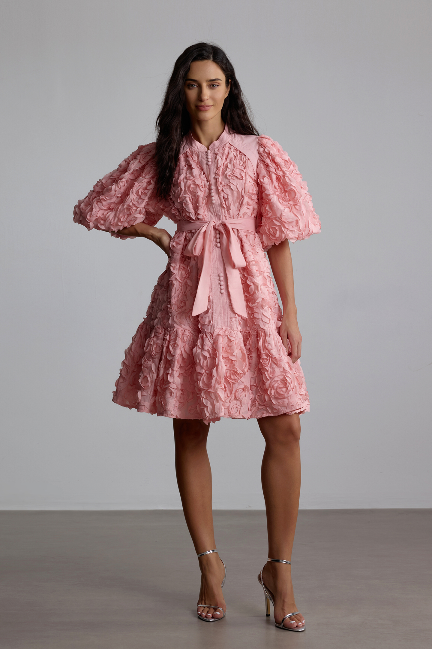 Emeline 3D Floral Balloon Sleeve Mini Dress-purelyfable