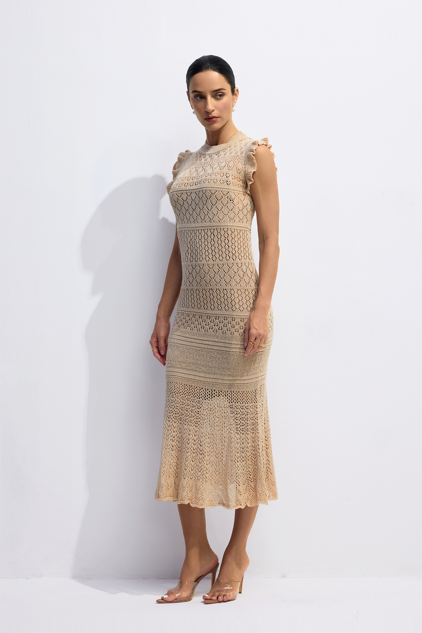 Molly Sleeveless Ruffle Detail Knitted Midi Dress-purelyfable