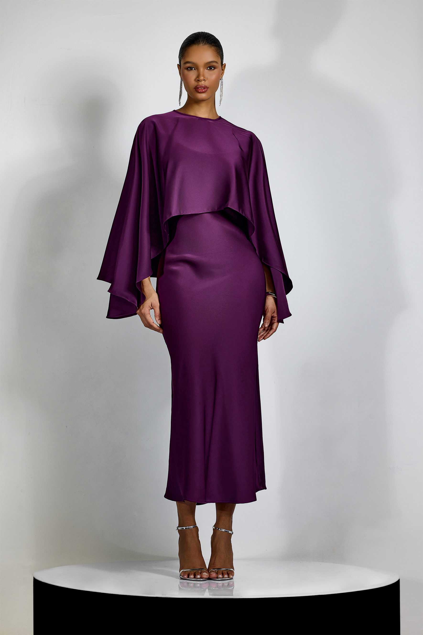 Helen Spaghetti Strap Maxi Dress With Satin Cape-purelyfable