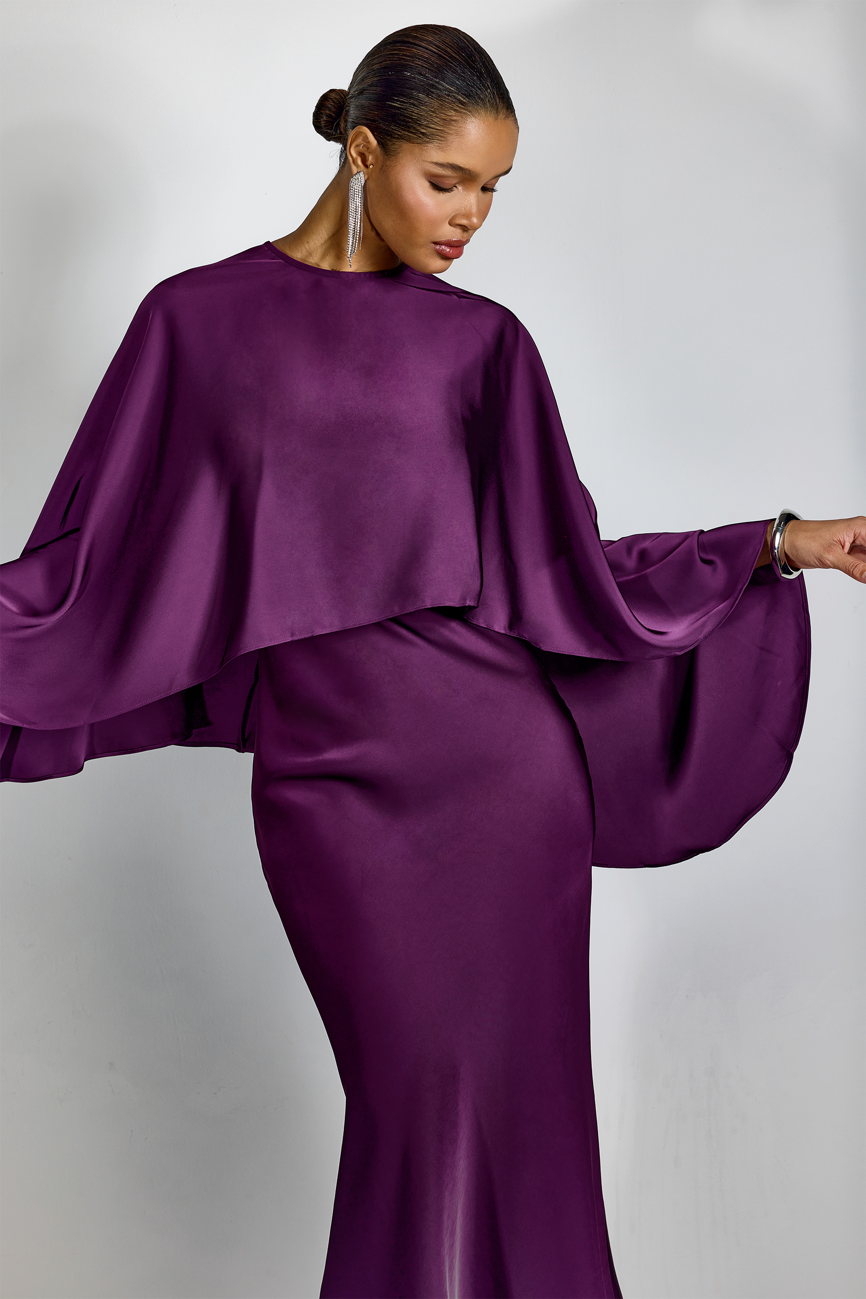 Helen Spaghetti Strap Maxi Dress With Satin Cape-purelyfable