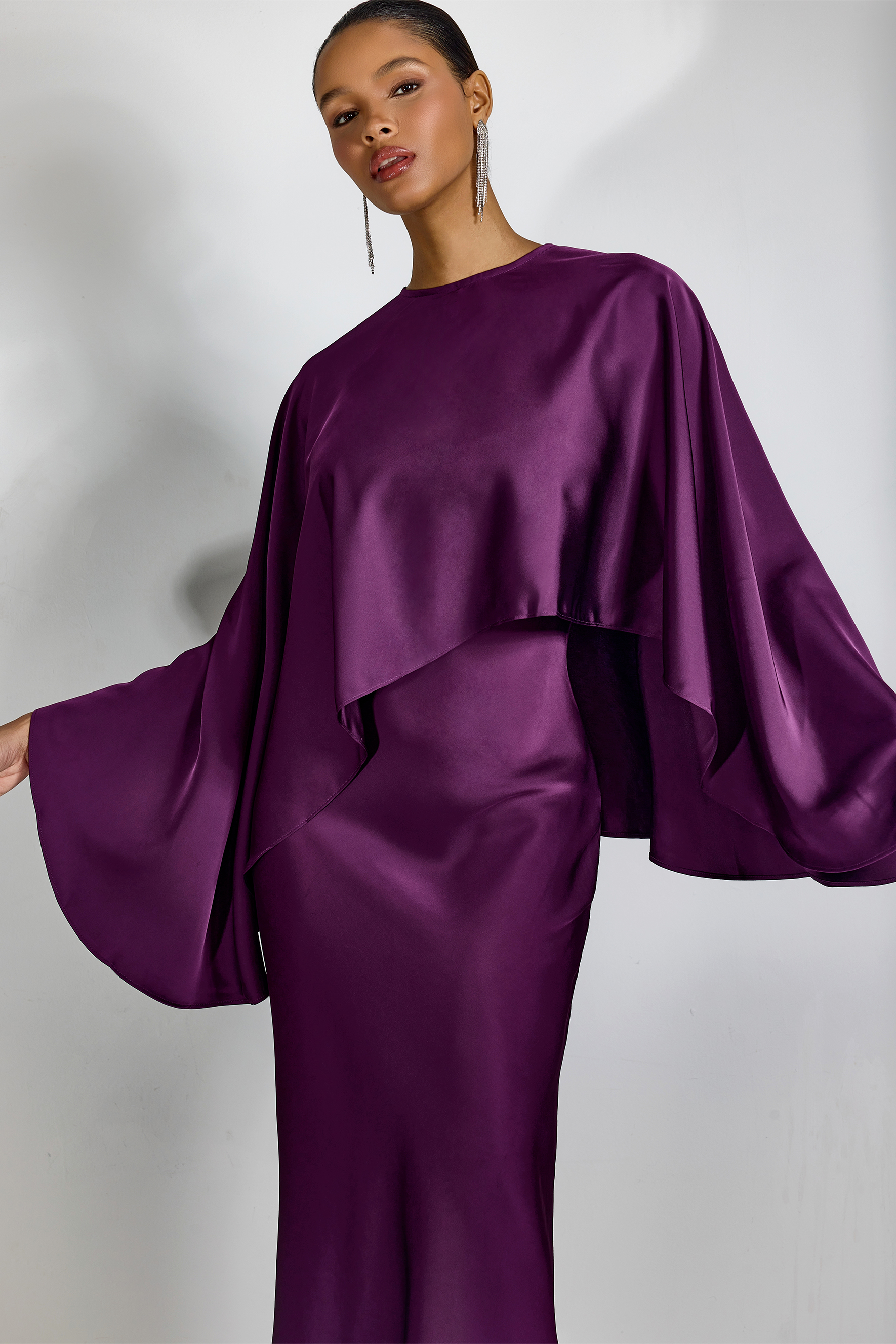 Helen Spaghetti Strap Maxi Dress With Satin Cape-purelyfable