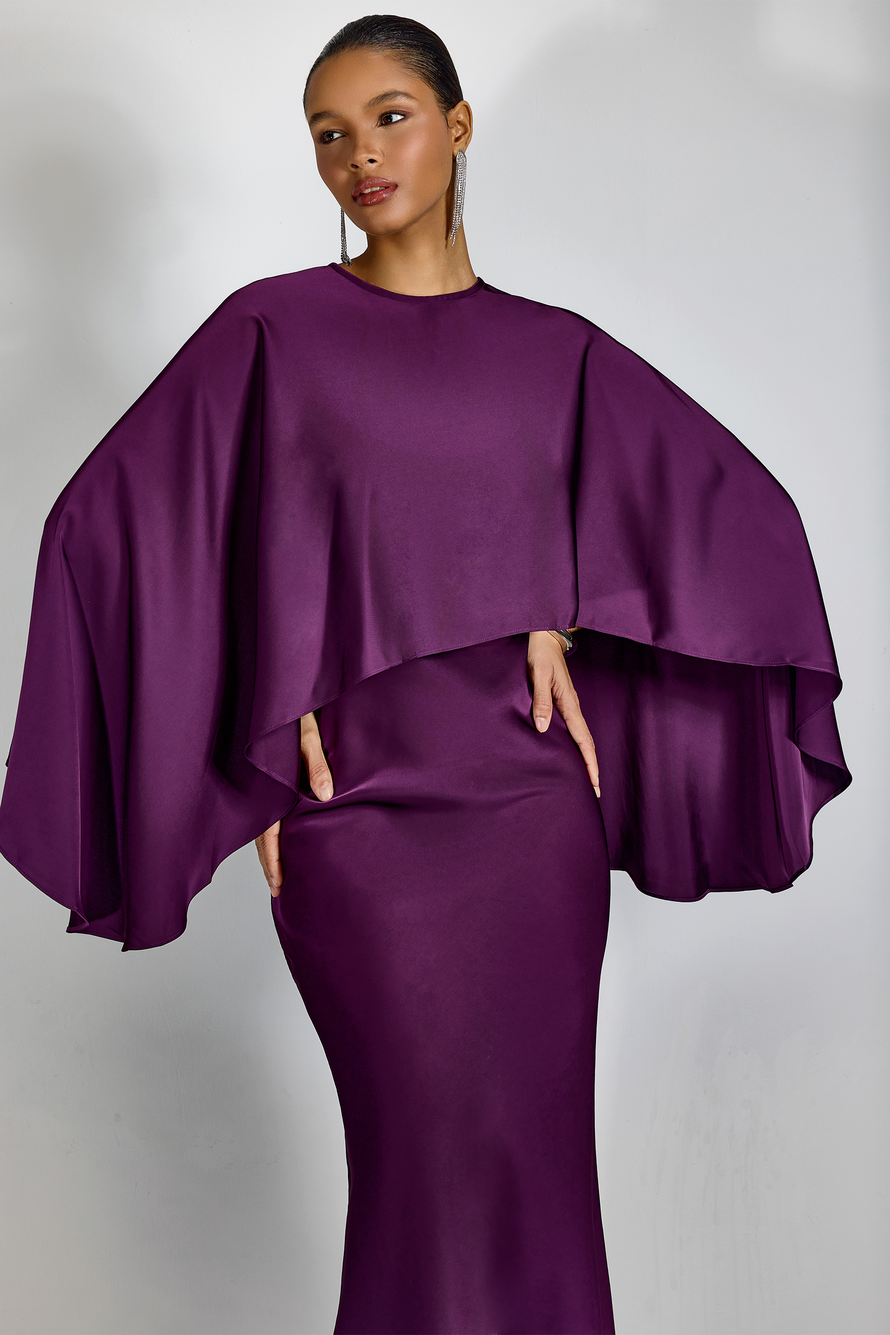Helen Spaghetti Strap Maxi Dress With Satin Cape-purelyfable