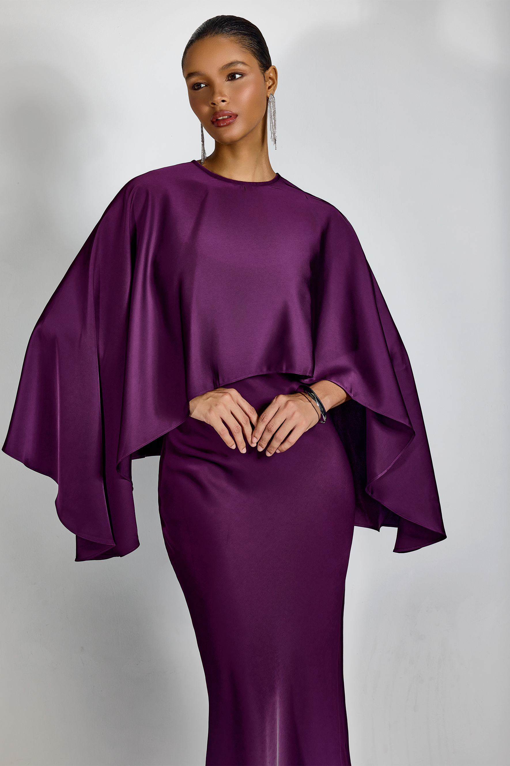 Helen Spaghetti Strap Maxi Dress With Satin Cape-purelyfable