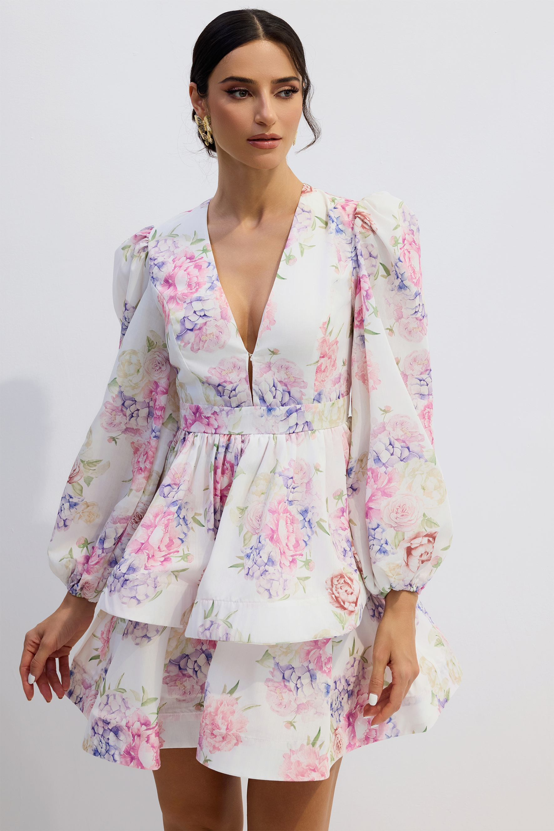 Bianca Floral Print Deep V-neck Mini Dress-purelyfable