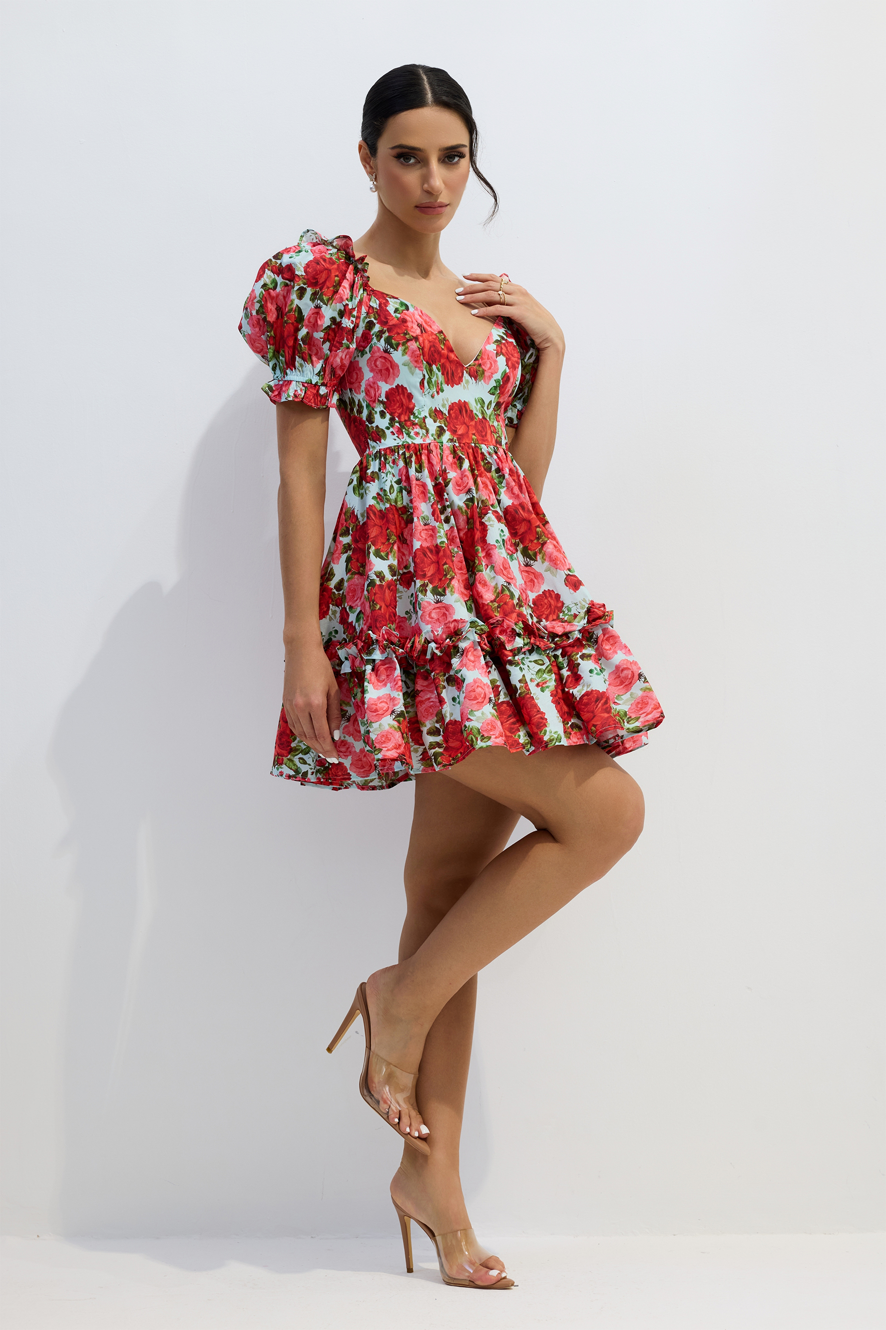 Doris Floral Print V-neck Mini Dress-purelyfable