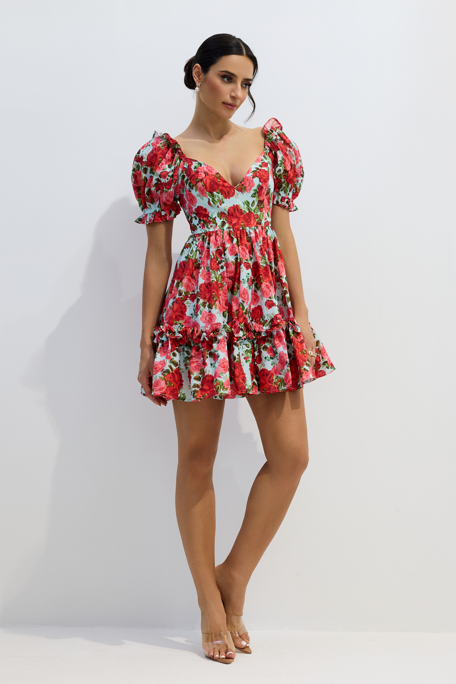 Doris Floral Print V-neck Mini Dress-purelyfable