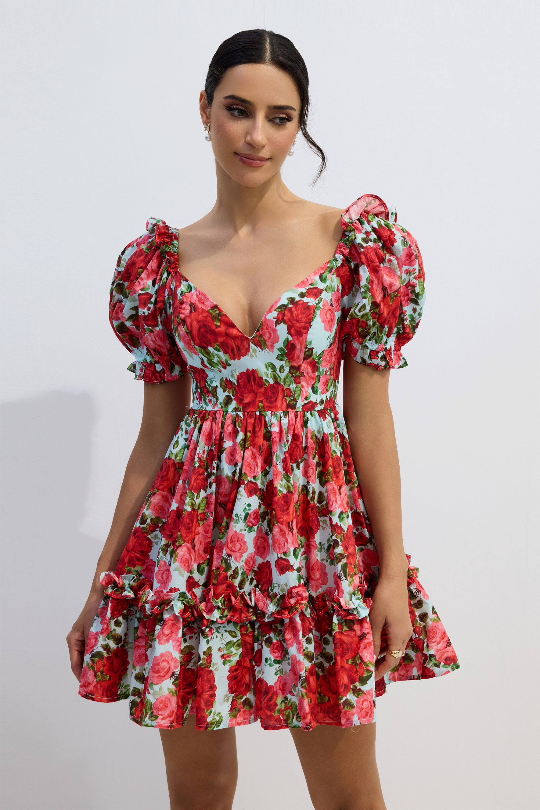 Doris Floral Print V-neck Mini Dress-purelyfable