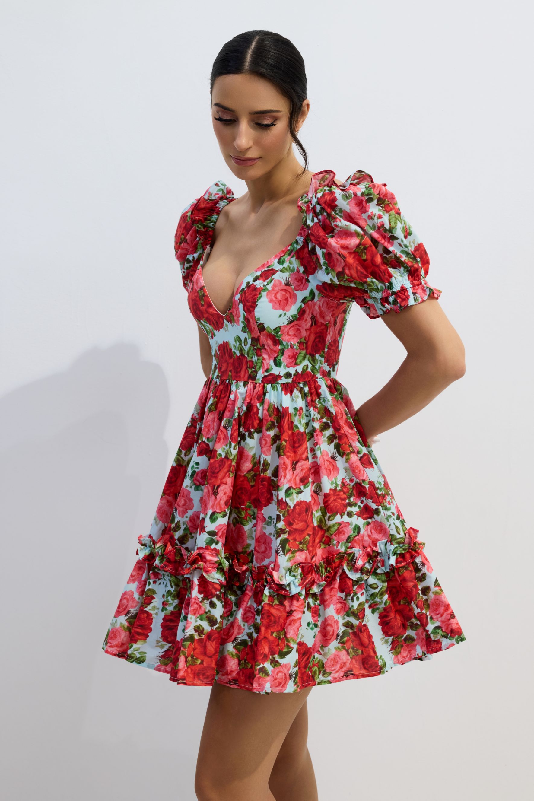 Doris Floral Print V-neck Mini Dress-purelyfable