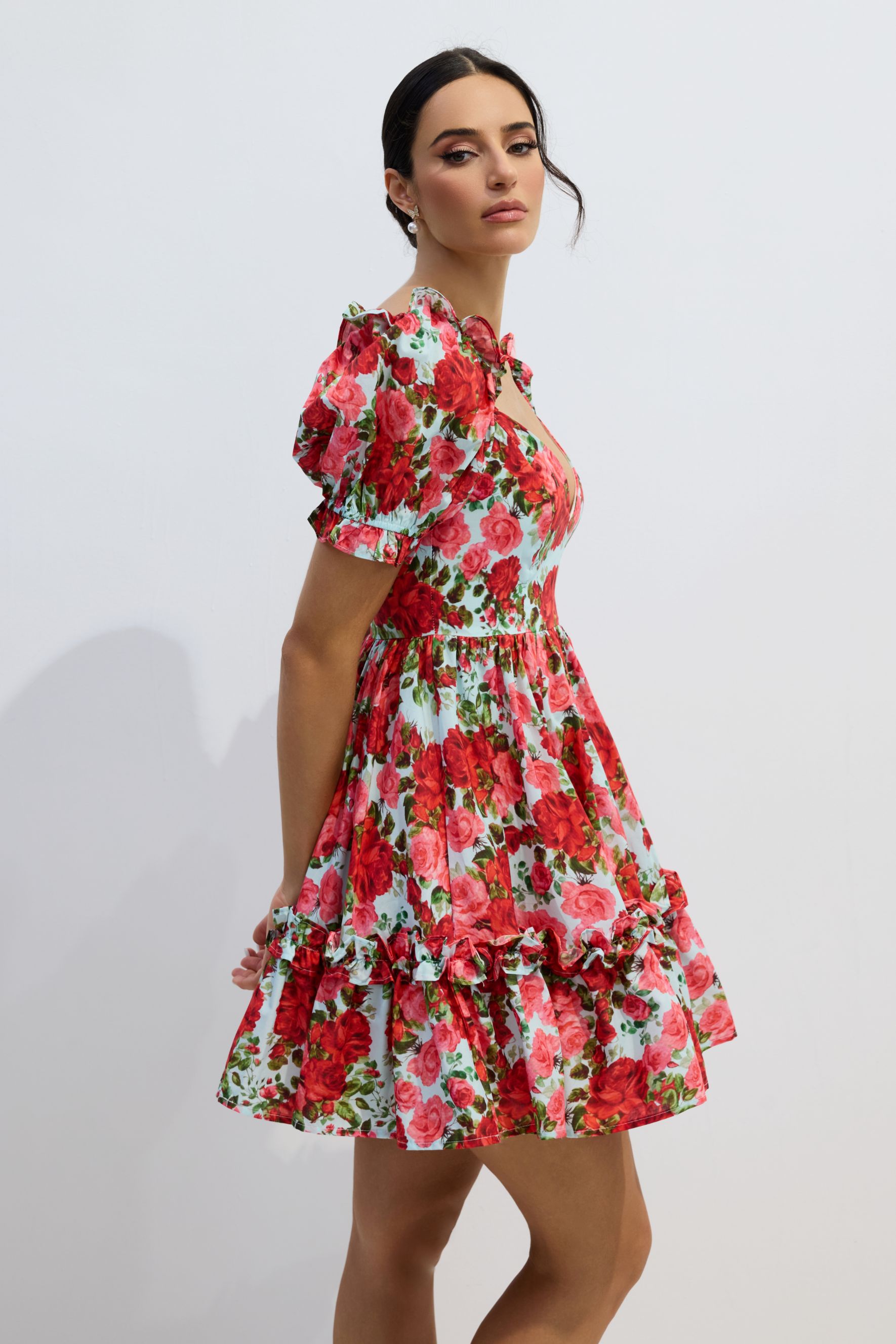 Doris Floral Print V-neck Mini Dress-purelyfable