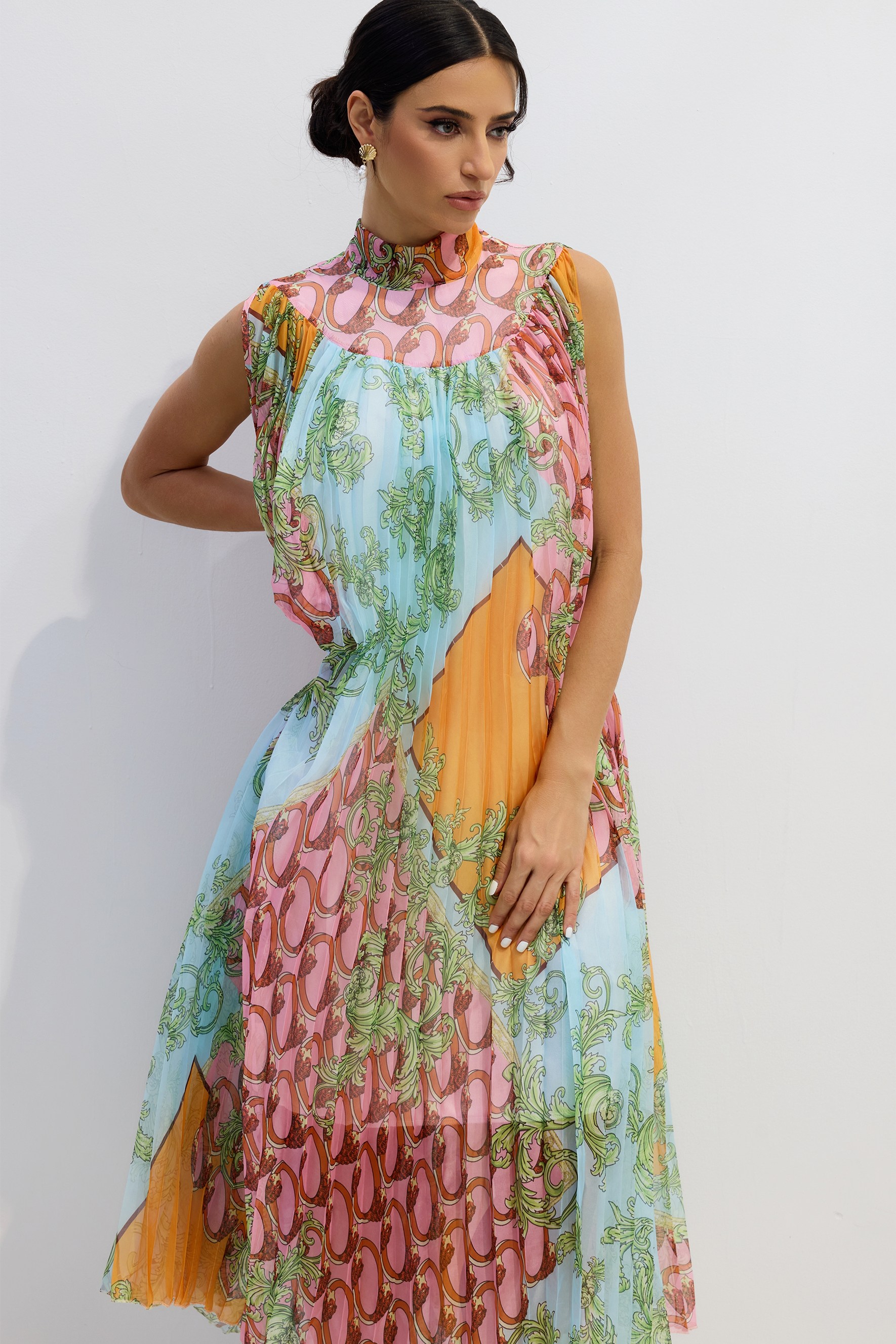 Martha Print Sleeveless Pleated Midi Dress-purelyfable