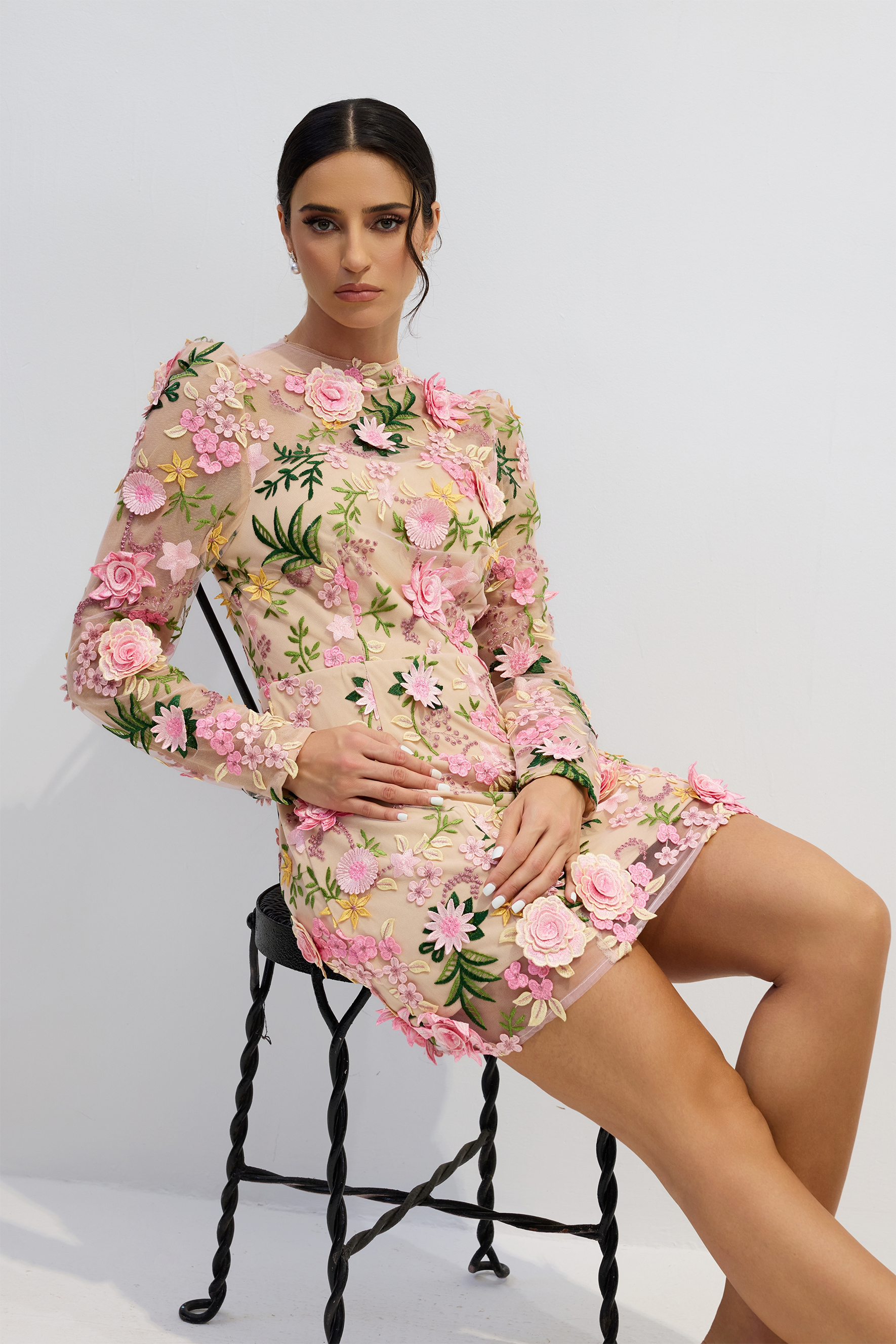 Lara Floral Applique Long Sleeve Mini Dress-purelyfable