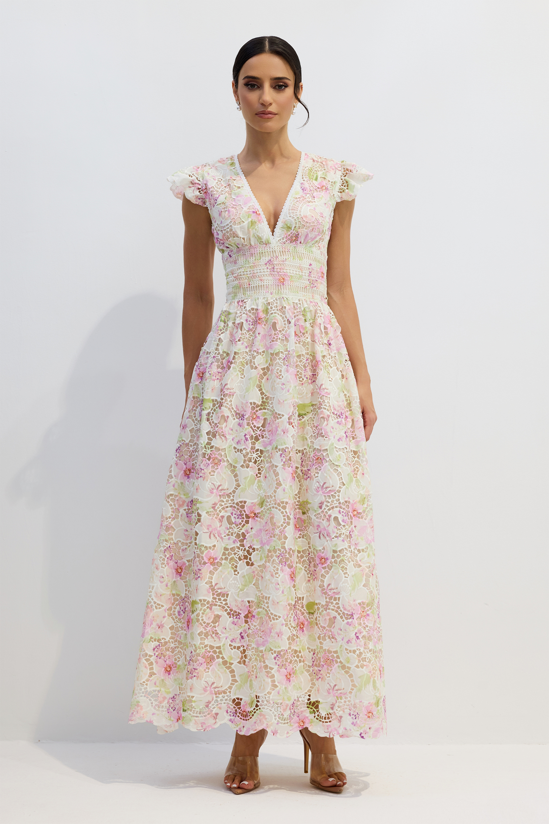 Ramona V-neck Floral Lace Maxi Dress-purelyfable