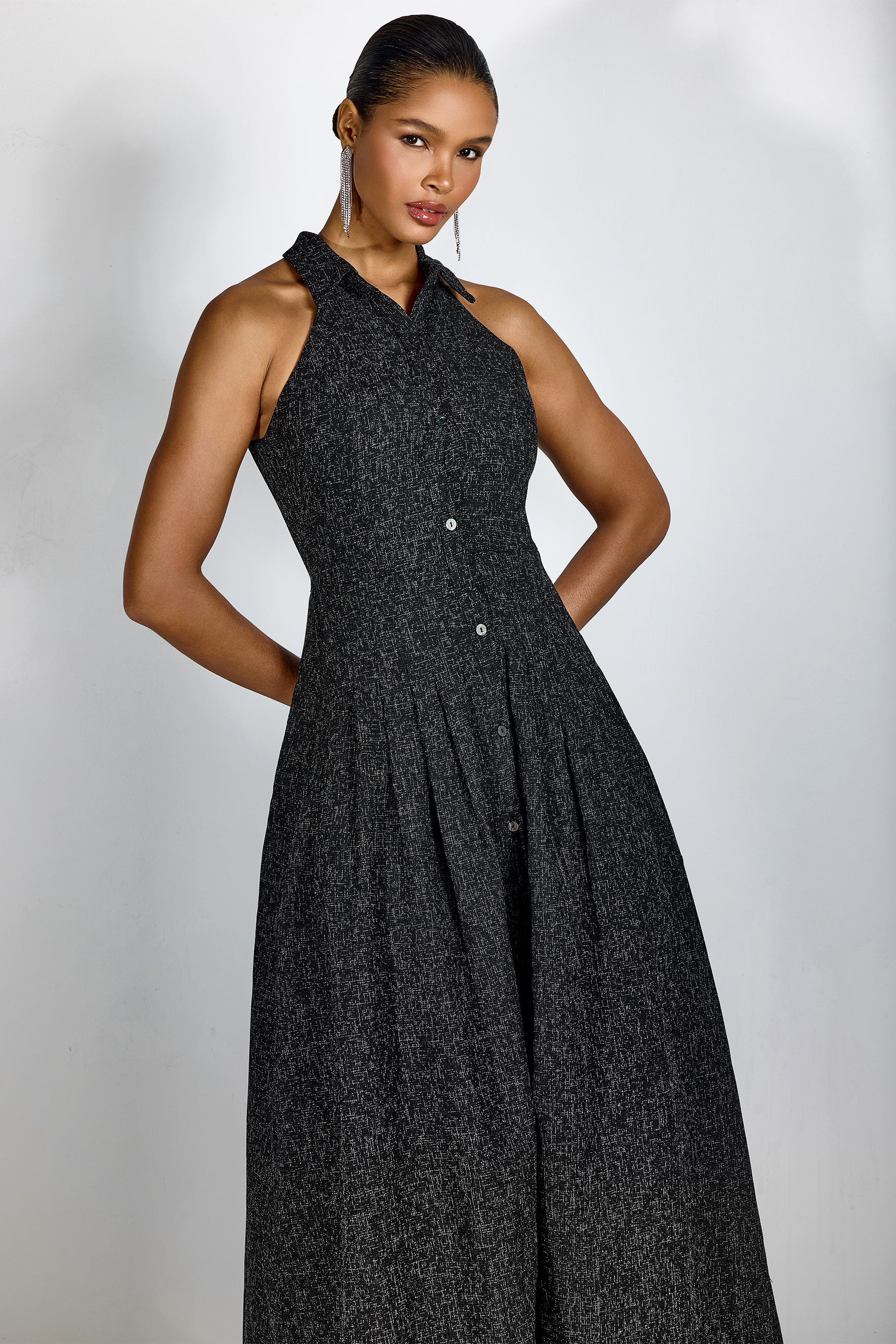 Alarice Shirt Collar Sleeveless Tweed Maxi Dress-purelyfable