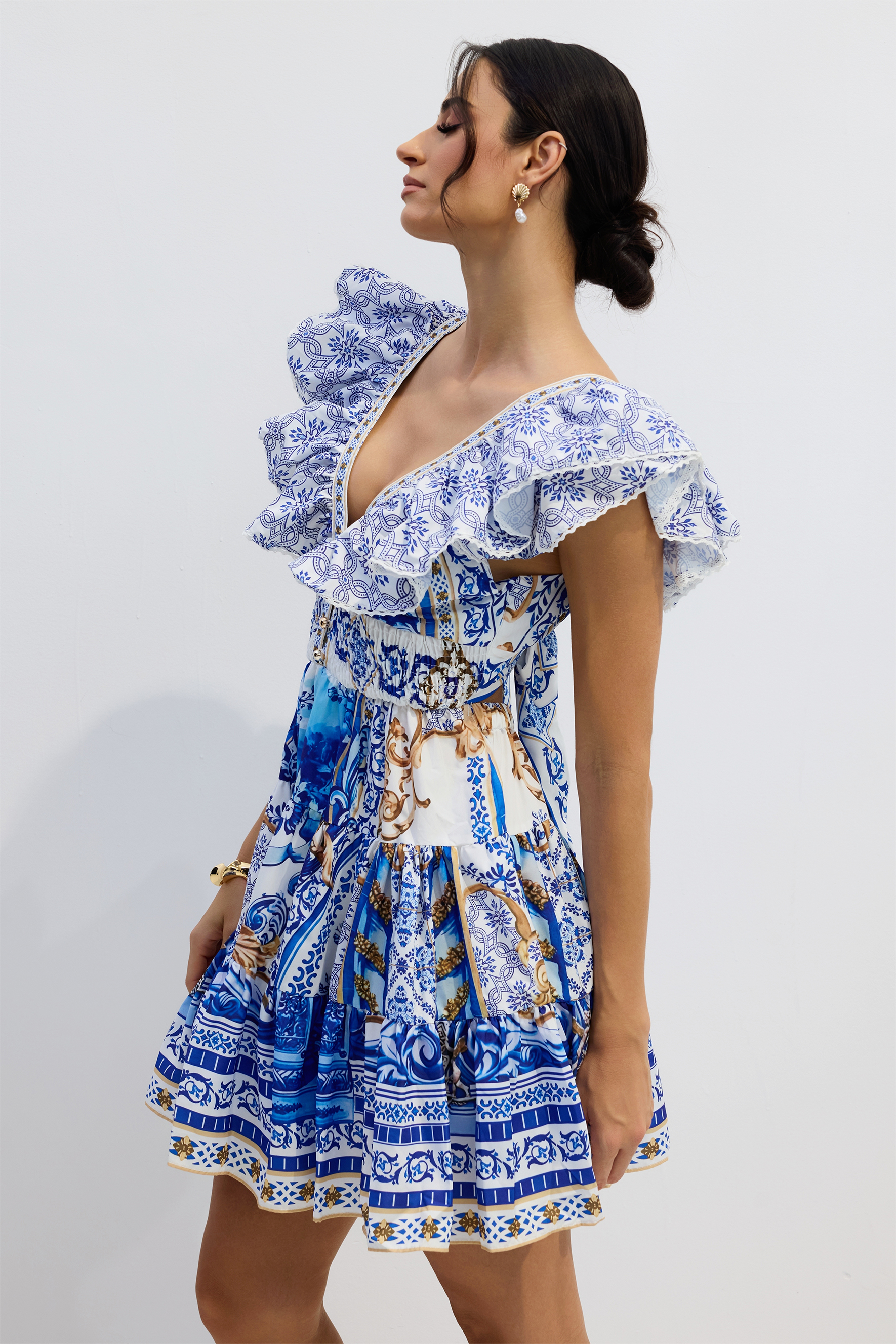 Kyla Printed Plunge Neck Mini Dress-purelyfable