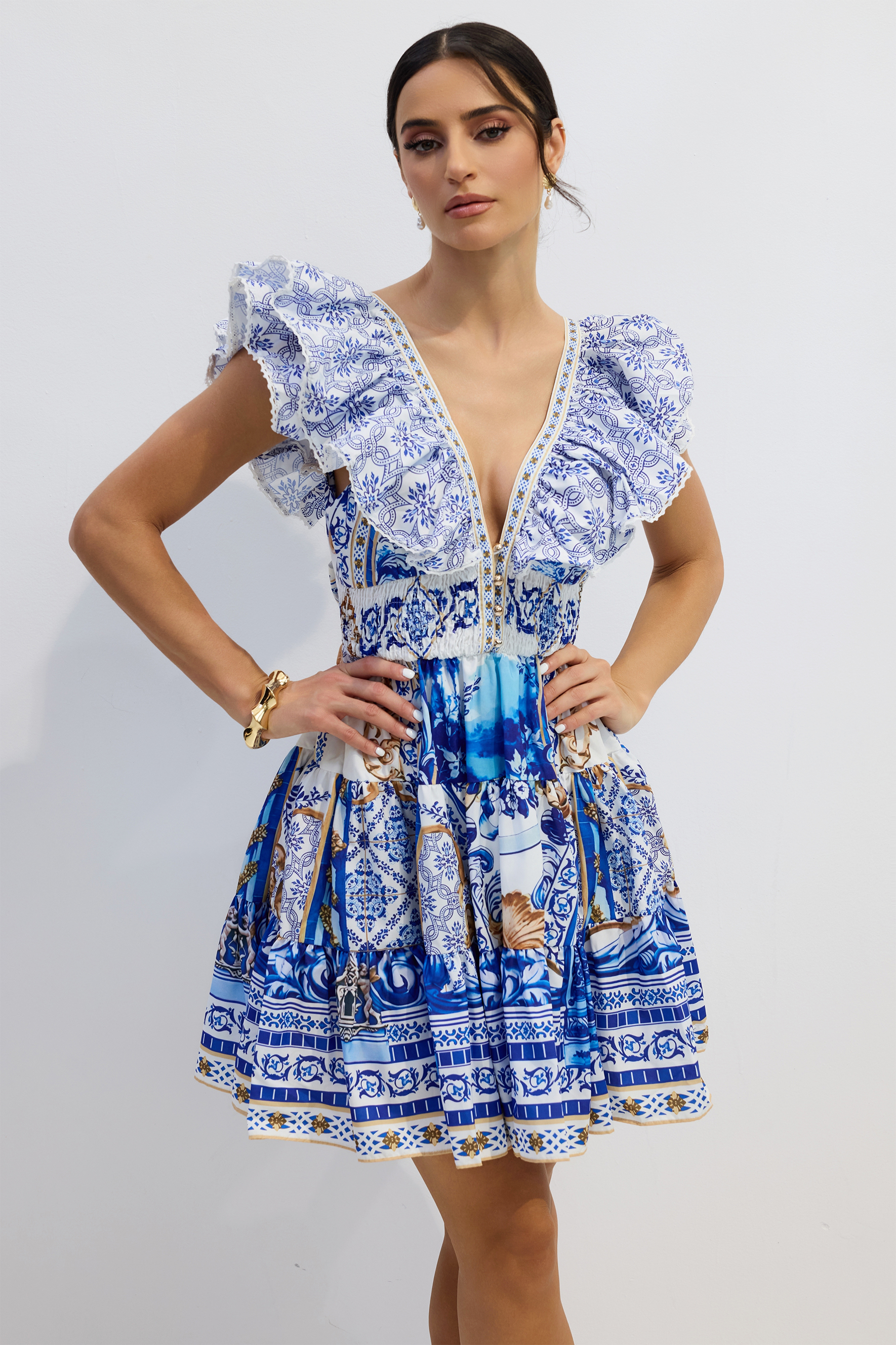 Kyla Printed Plunge Neck Mini Dress-purelyfable