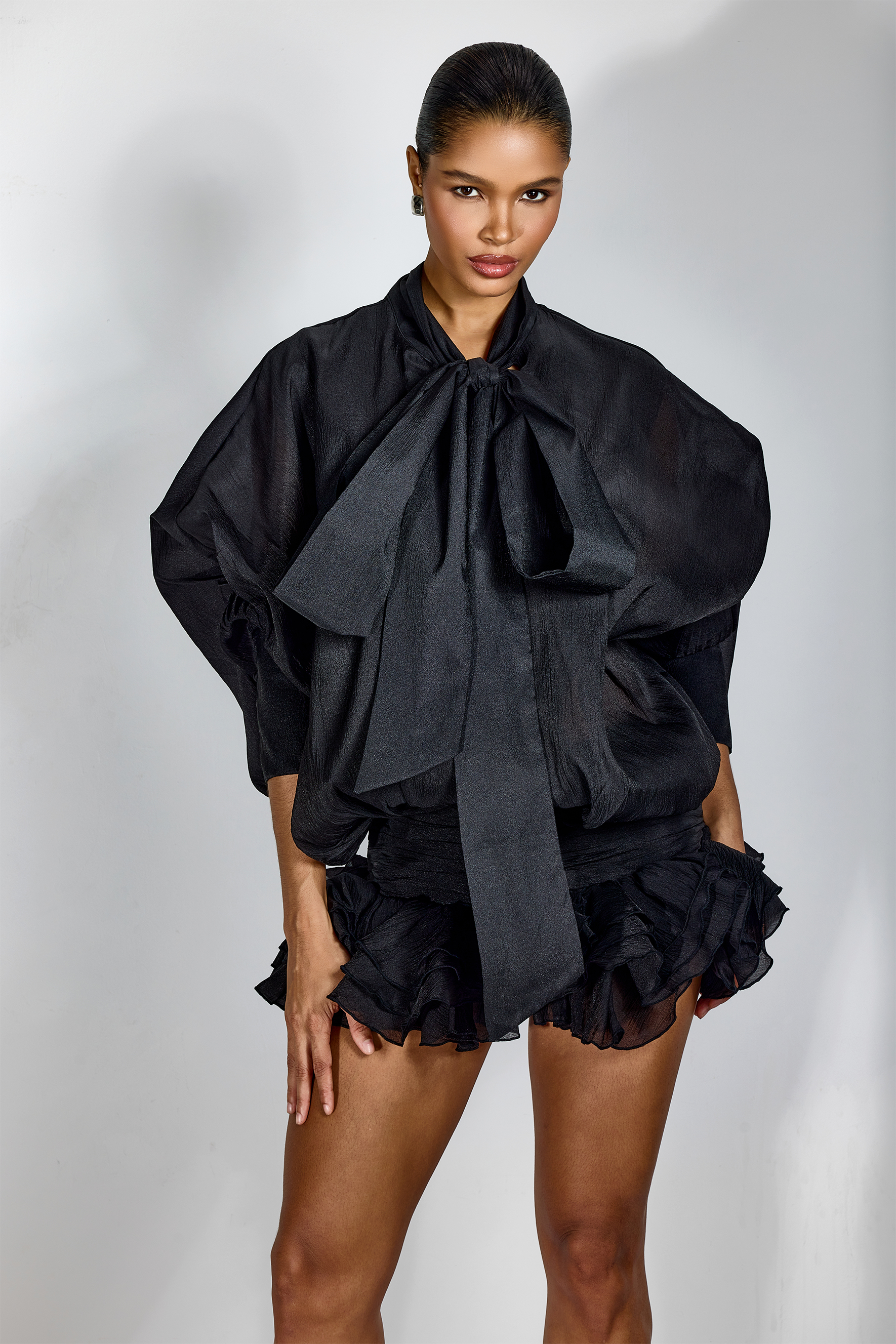 Trina Tie-neck Ruffle Hem Mini Dress-purelyfable