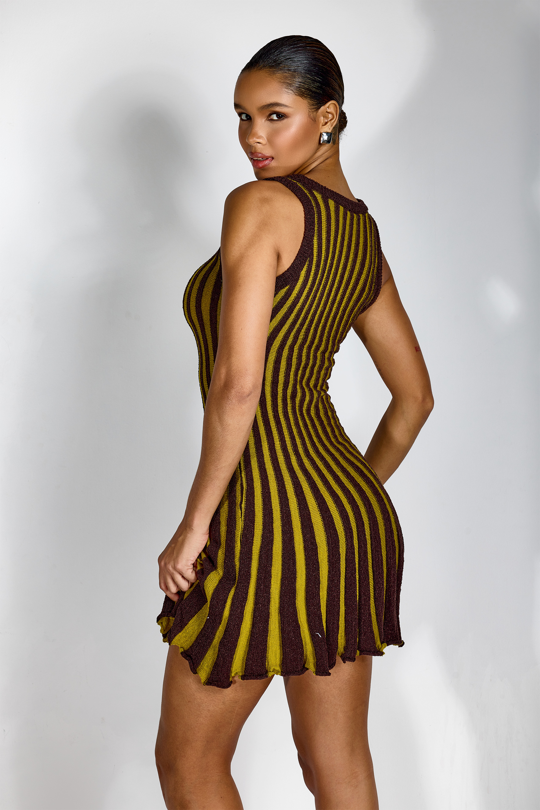 Amanda Striped V-Neck Knit Mini Dress-purelyfable