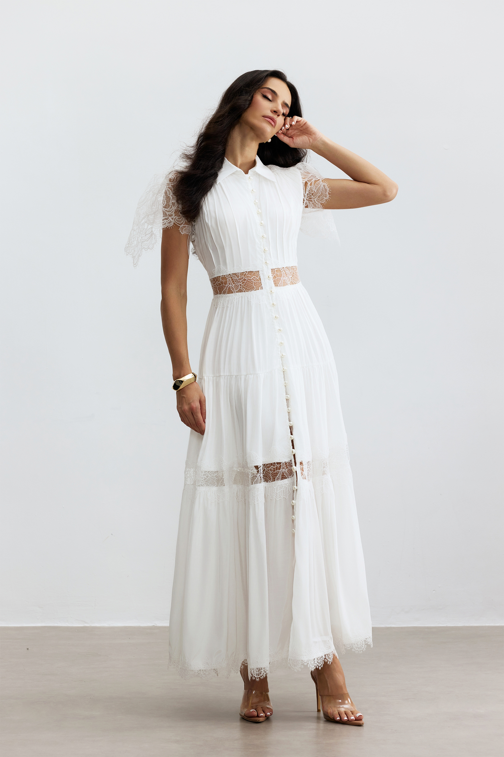 Sally Lace Panel Button Front Maxi Dress-purelyfable