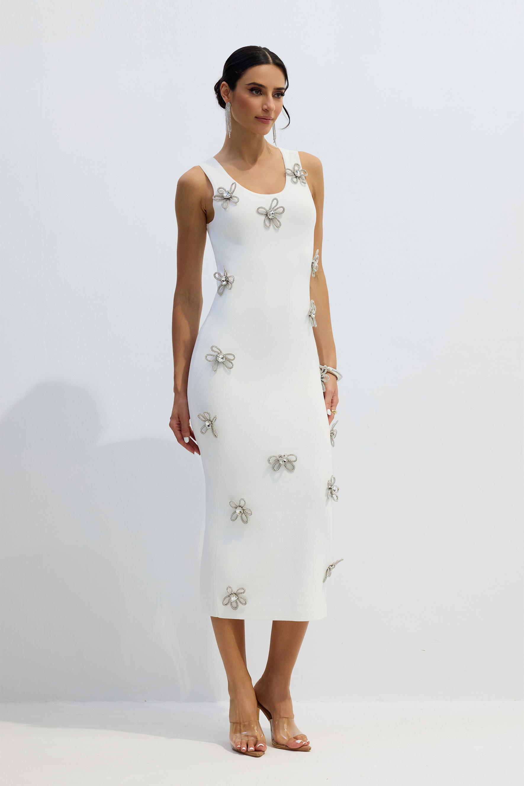 Estelle Diamond Flower Sleeveless Midi Dress-purelyfable