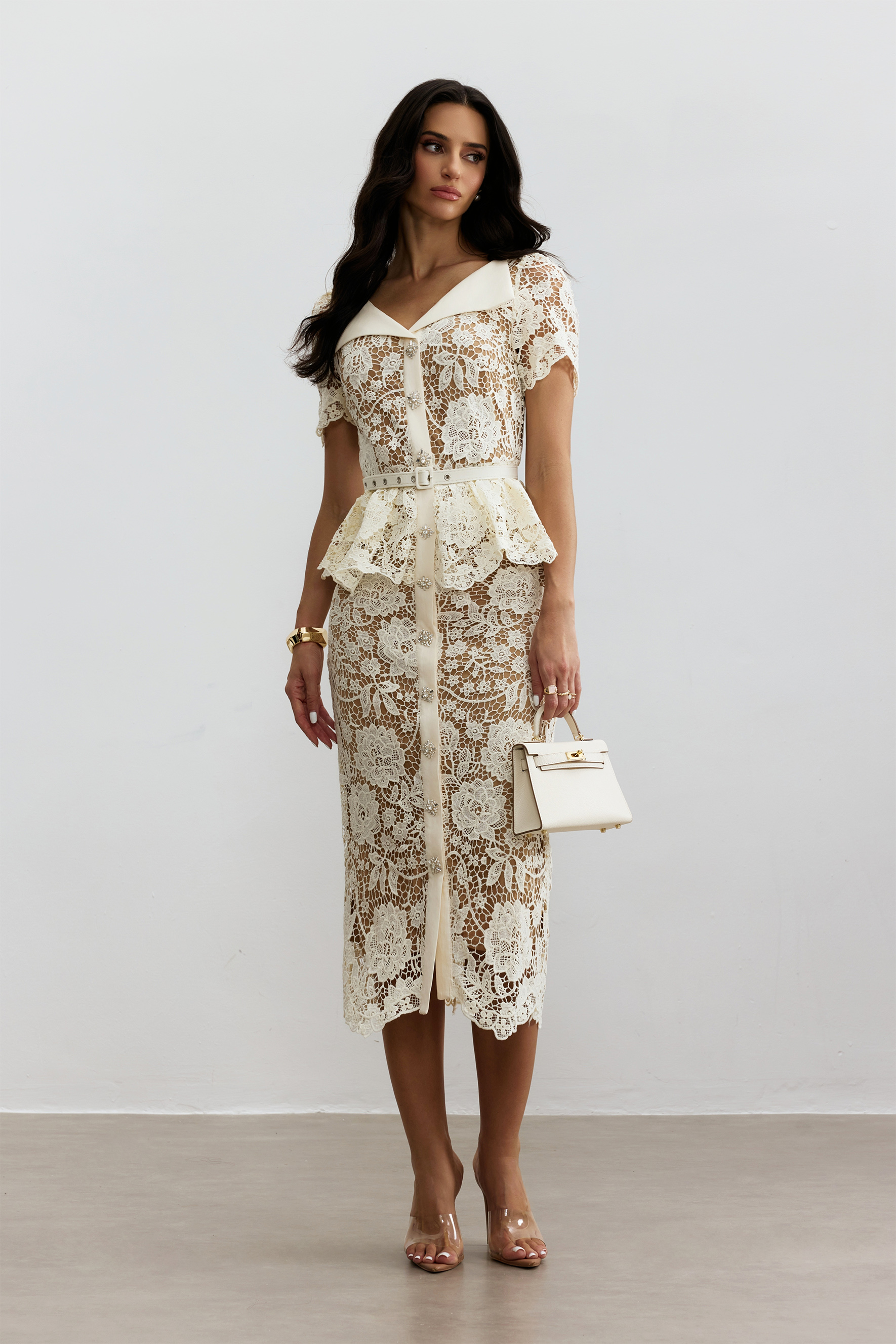 Larina Floral Lace V-neck Midi Dress-purelyfable