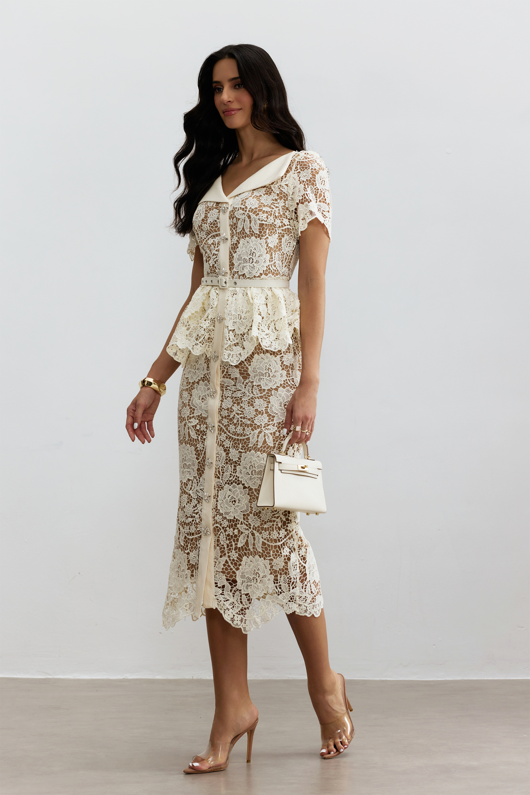 Larina Floral Lace V-neck Midi Dress-purelyfable