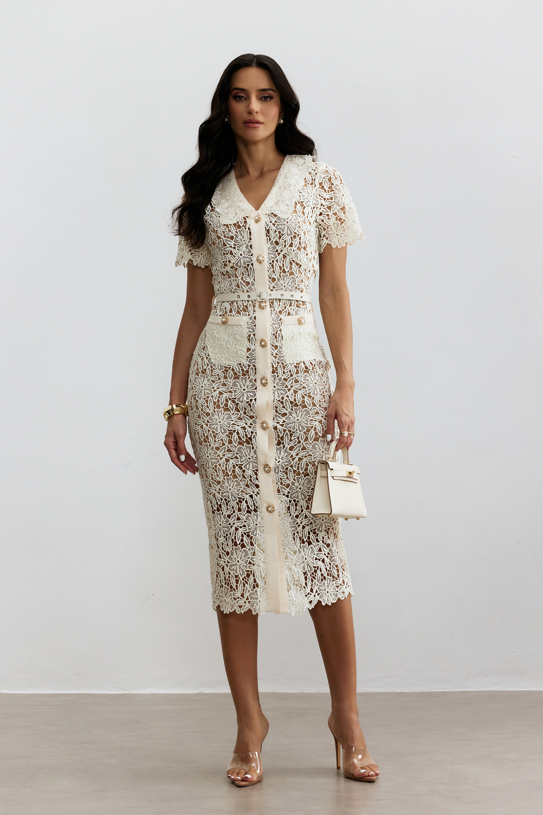 Annette V Neck Embroidered Lace Midi Dress-purelyfable