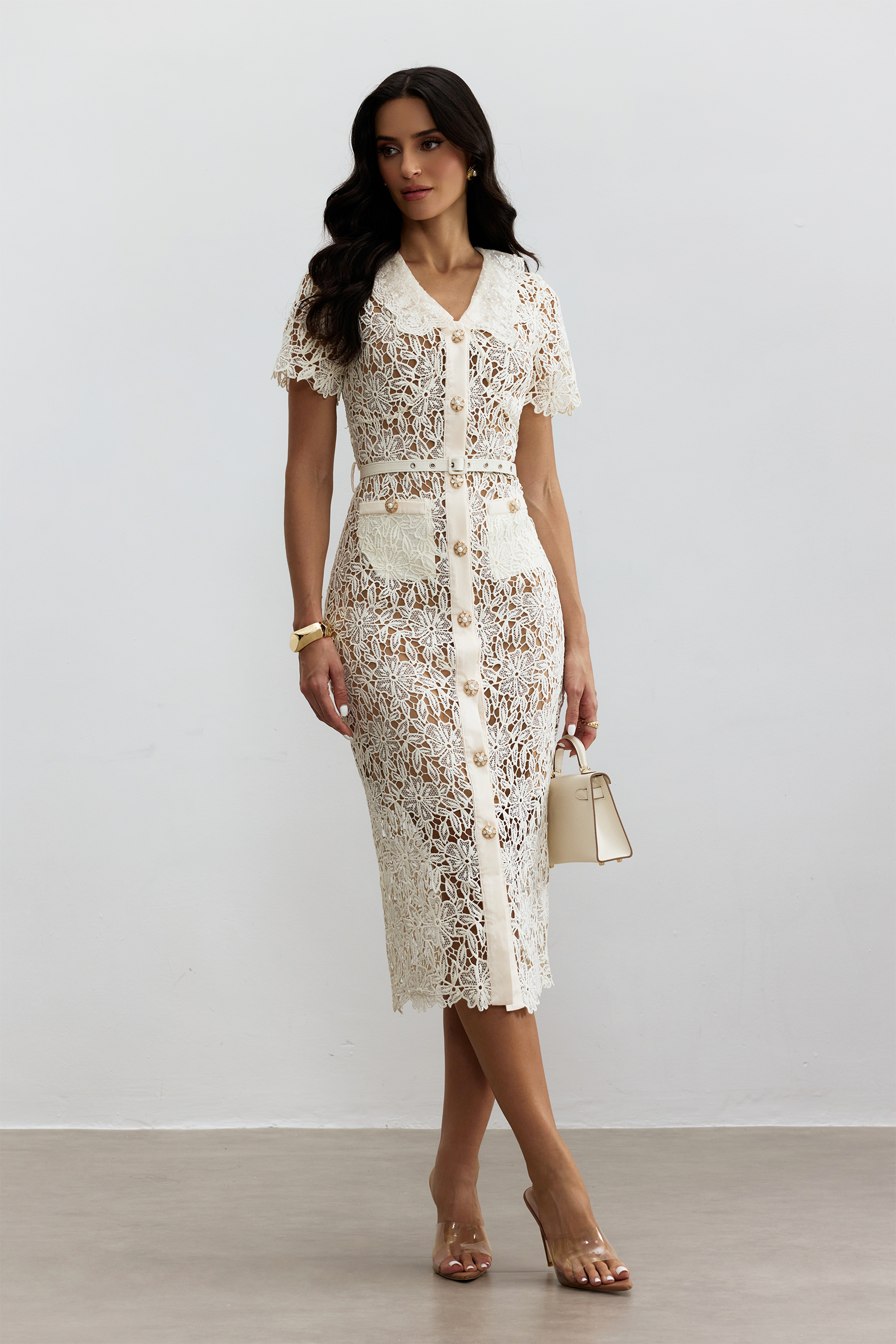 Annette V Neck Embroidered Lace Midi Dress-purelyfable