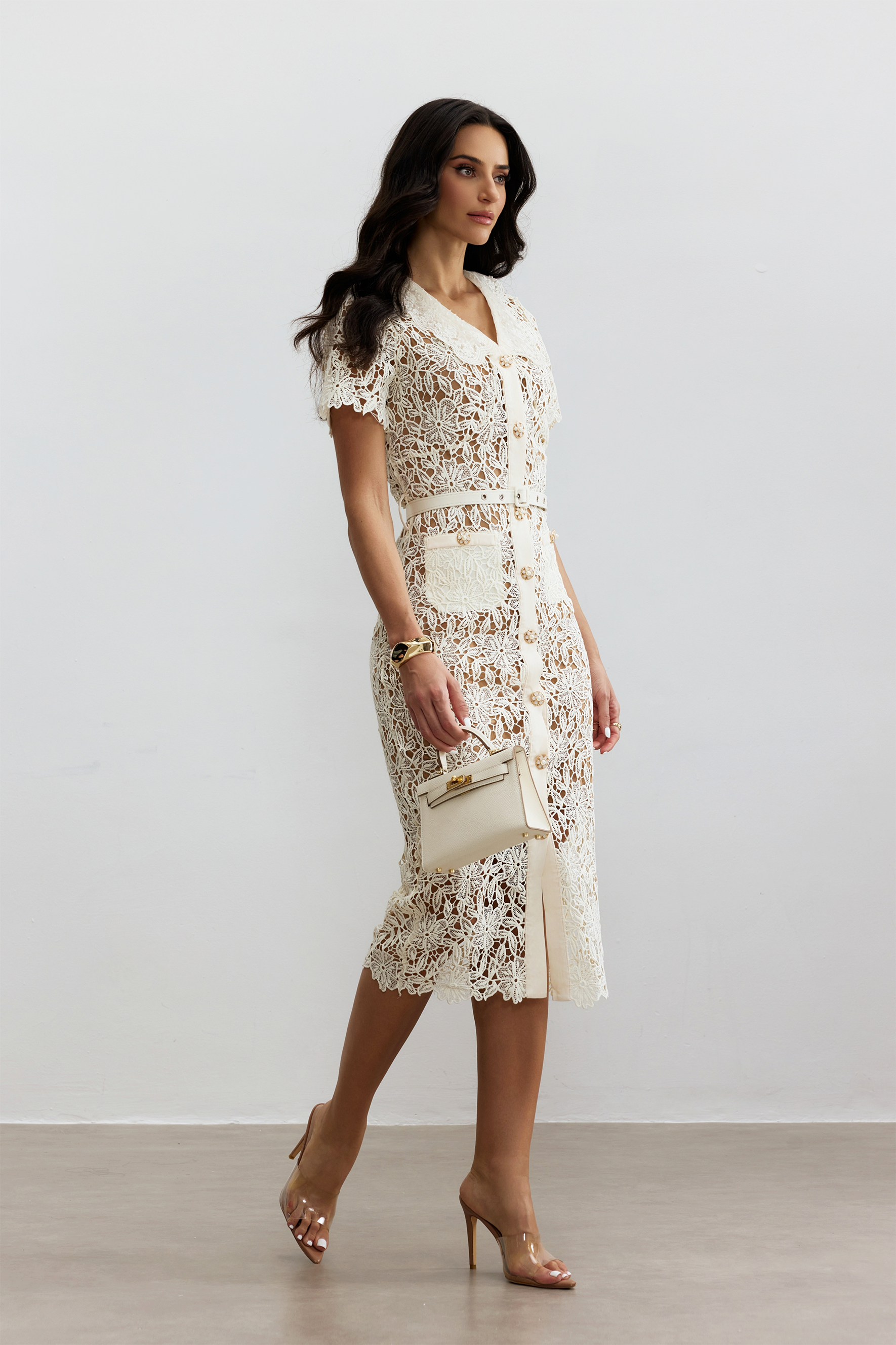 Annette V Neck Embroidered Lace Midi Dress-purelyfable
