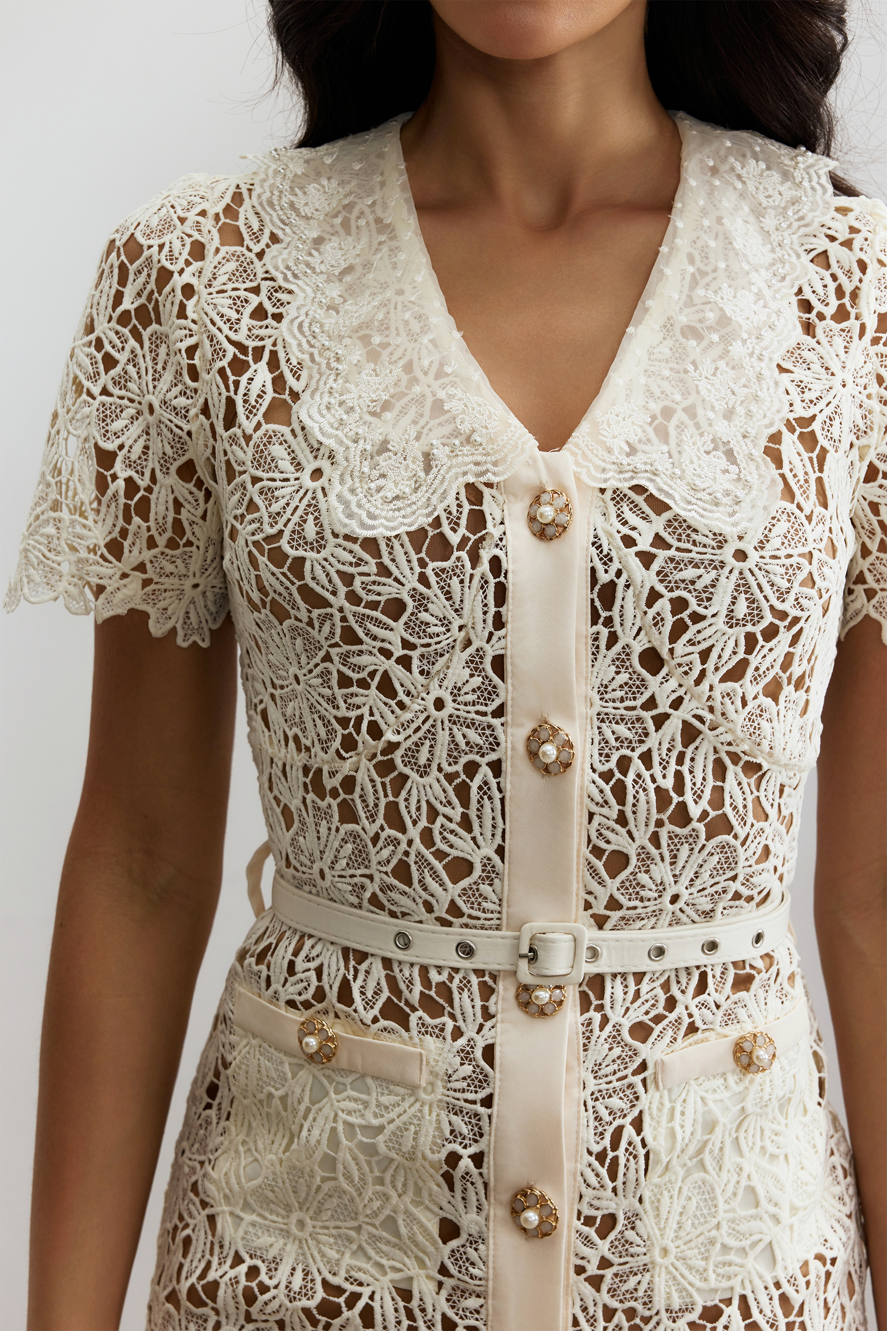 Annette V Neck Embroidered Lace Midi Dress-purelyfable