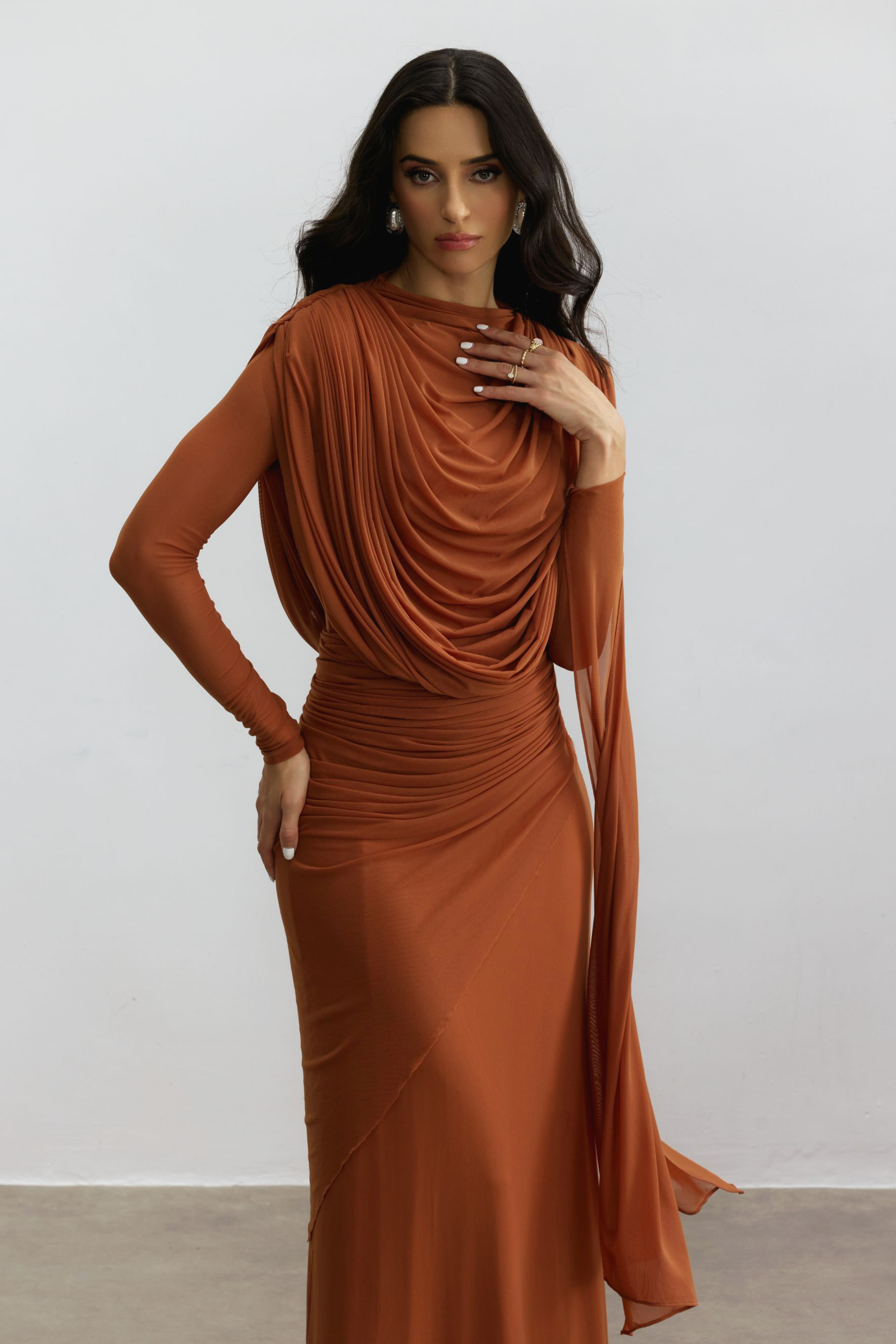 Katrina Cowl Neck Long Sleeve Maxi Dress-purelyfable