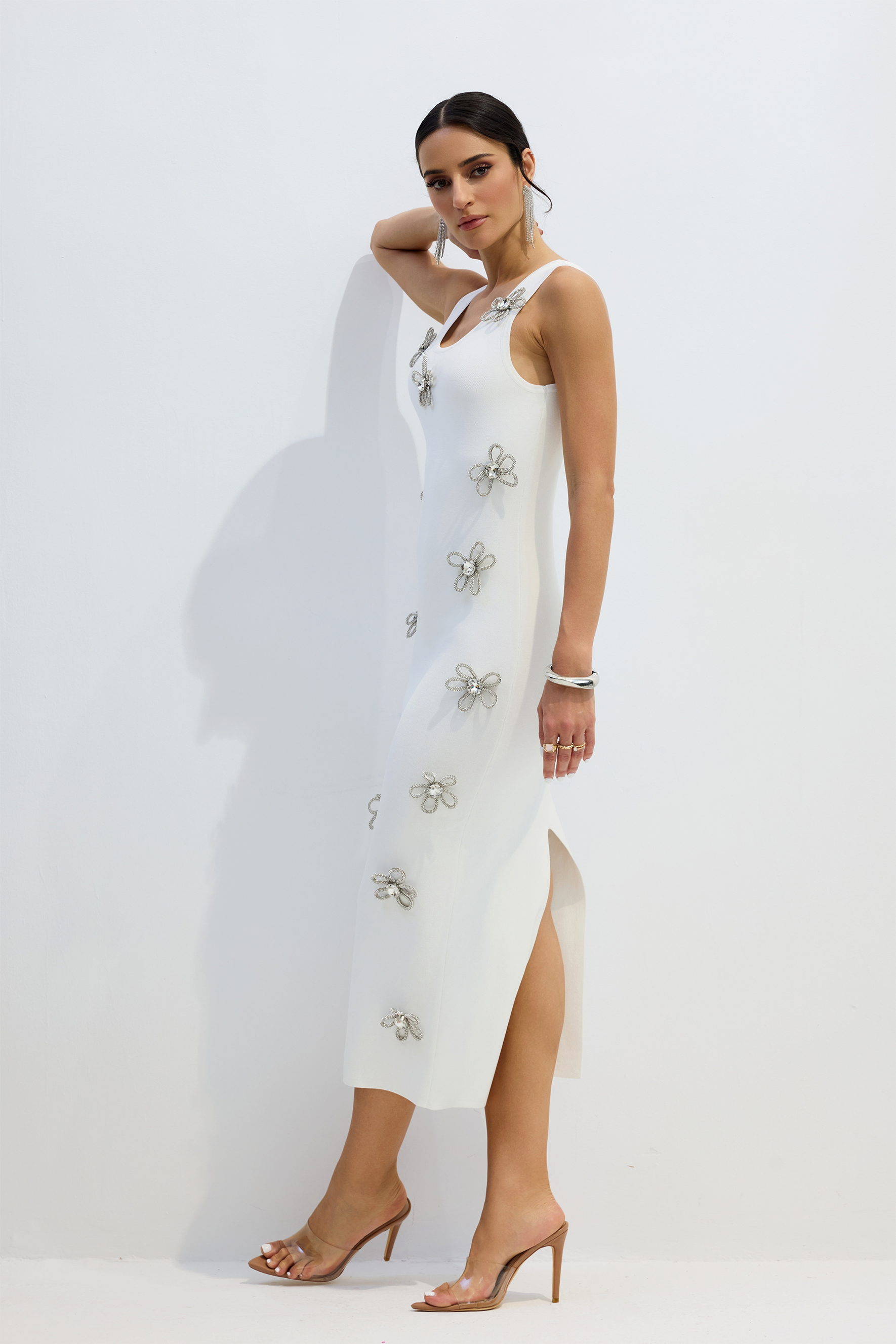Estelle Diamond Flower Sleeveless Midi Dress-purelyfable