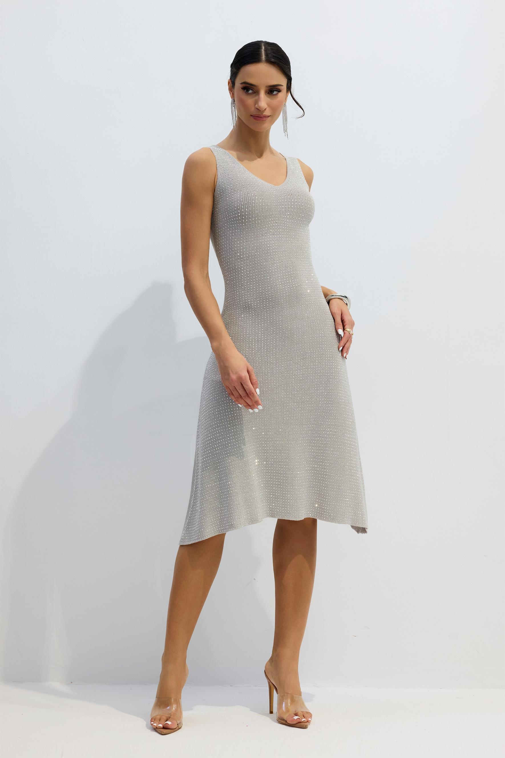 Louisa Rhinestone Embellished Sleeveless Knit Midi Dress-purelyfable