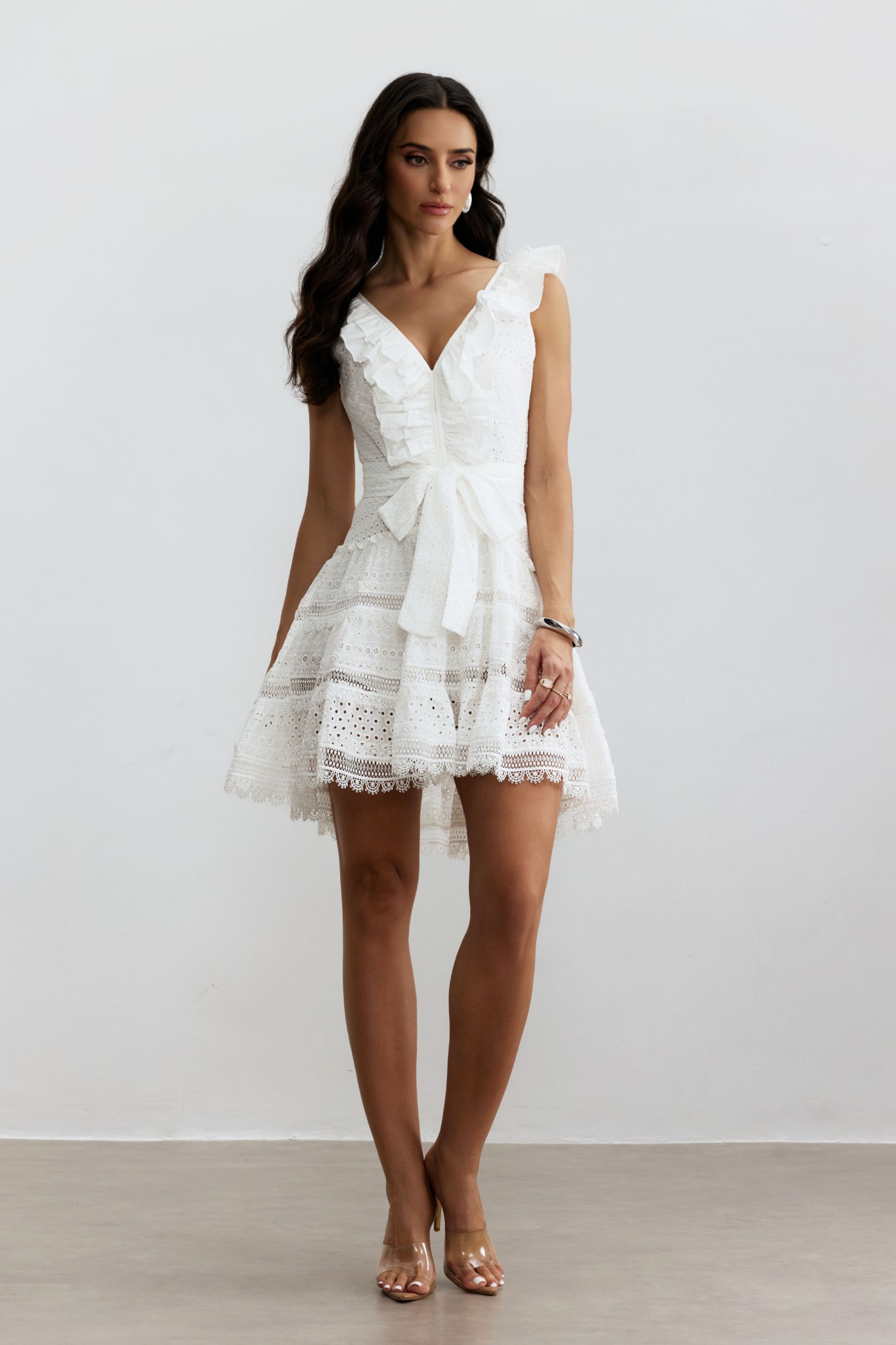 Helena V-neck Lace Embroidery Mini Dress-purelyfable