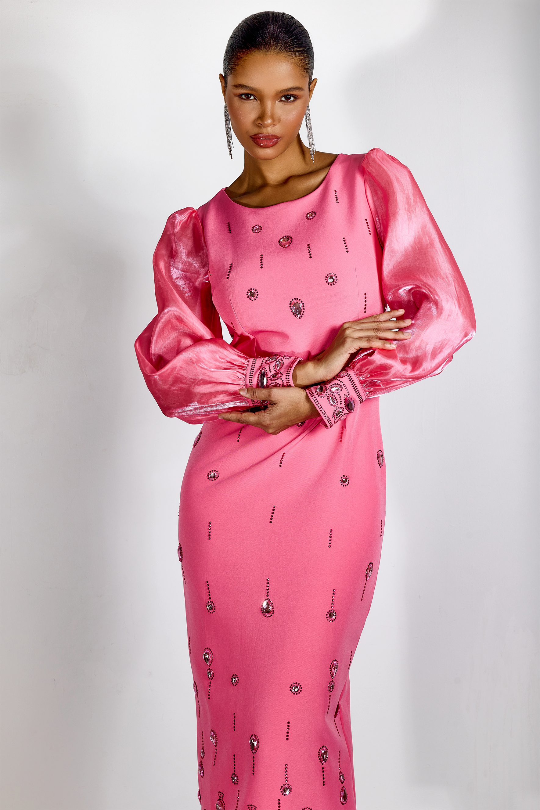 Molly Crystal Embellished Puff Sleeve Midi Dress-purelyfable
