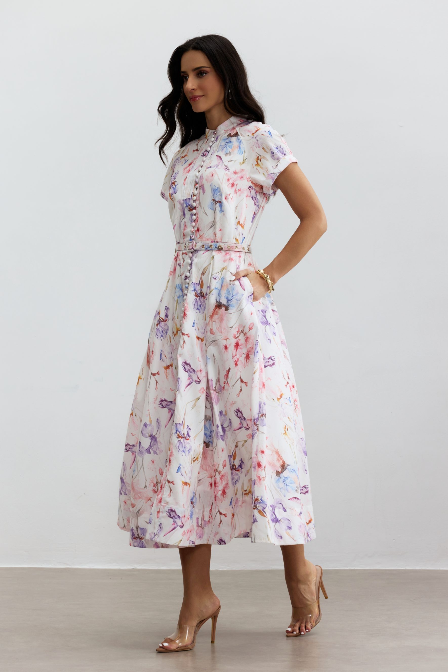 Muriel Floral Print Short Sleeve Midi Dress-purelyfable