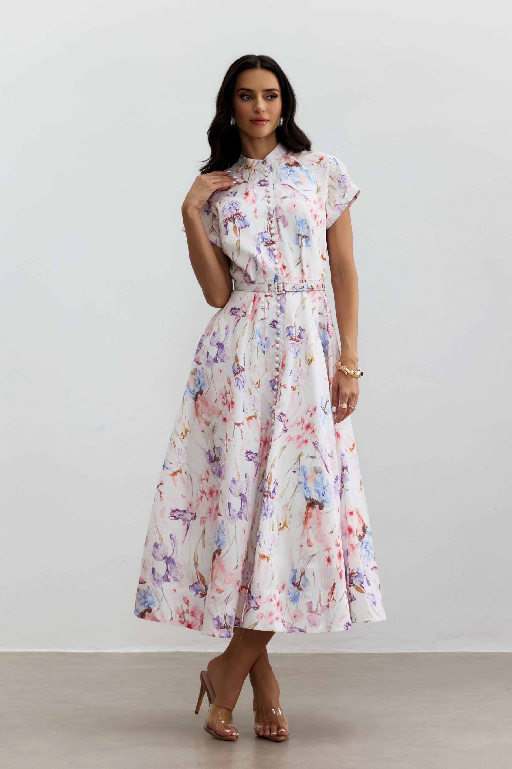 Muriel Floral Print Short Sleeve Midi Dress-purelyfable
