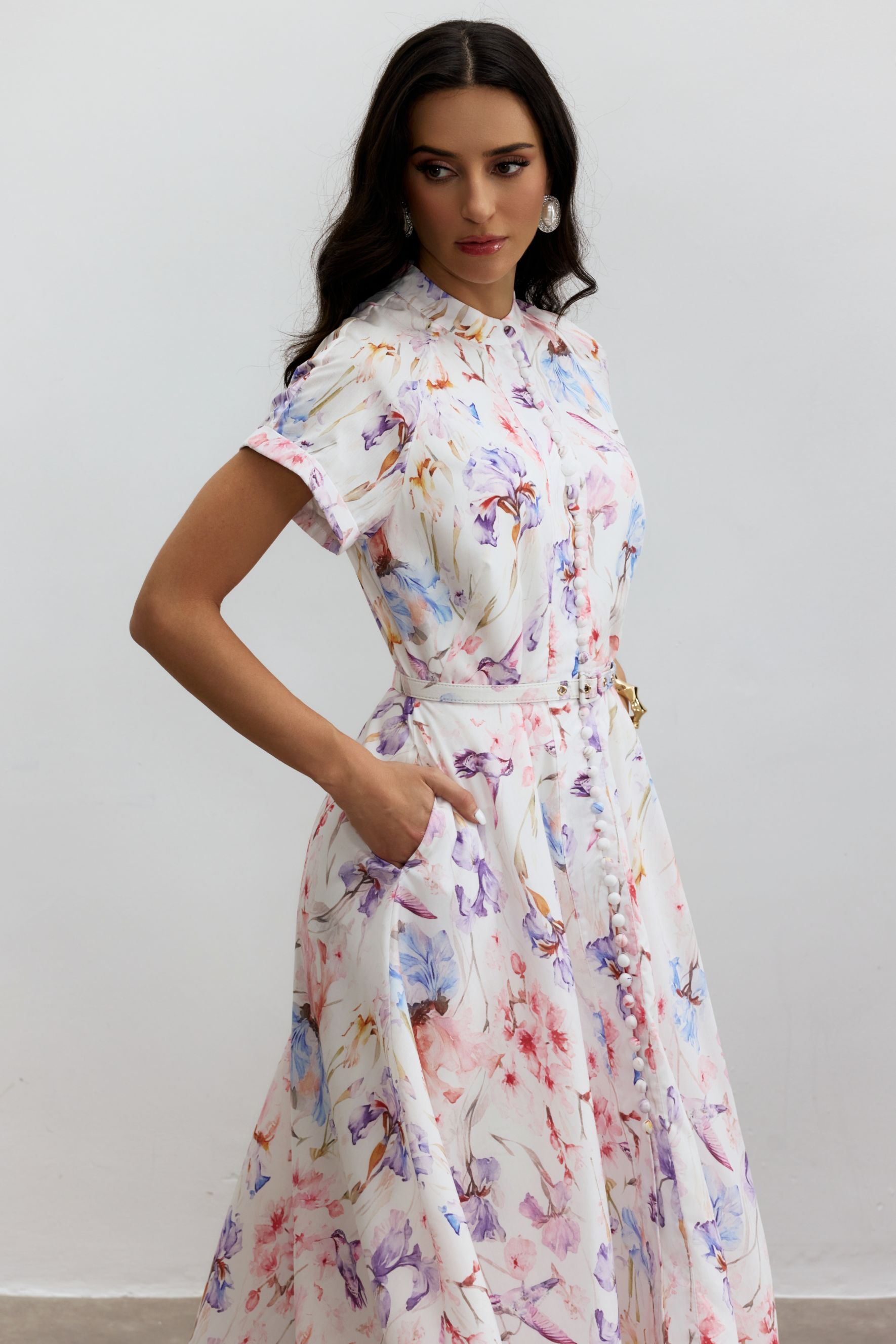 Muriel Floral Print Short Sleeve Midi Dress-purelyfable