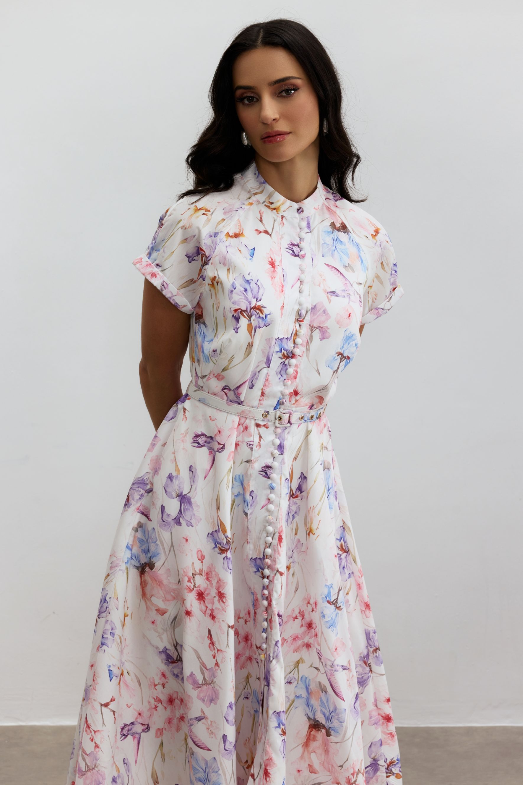 Muriel Floral Print Short Sleeve Midi Dress-purelyfable