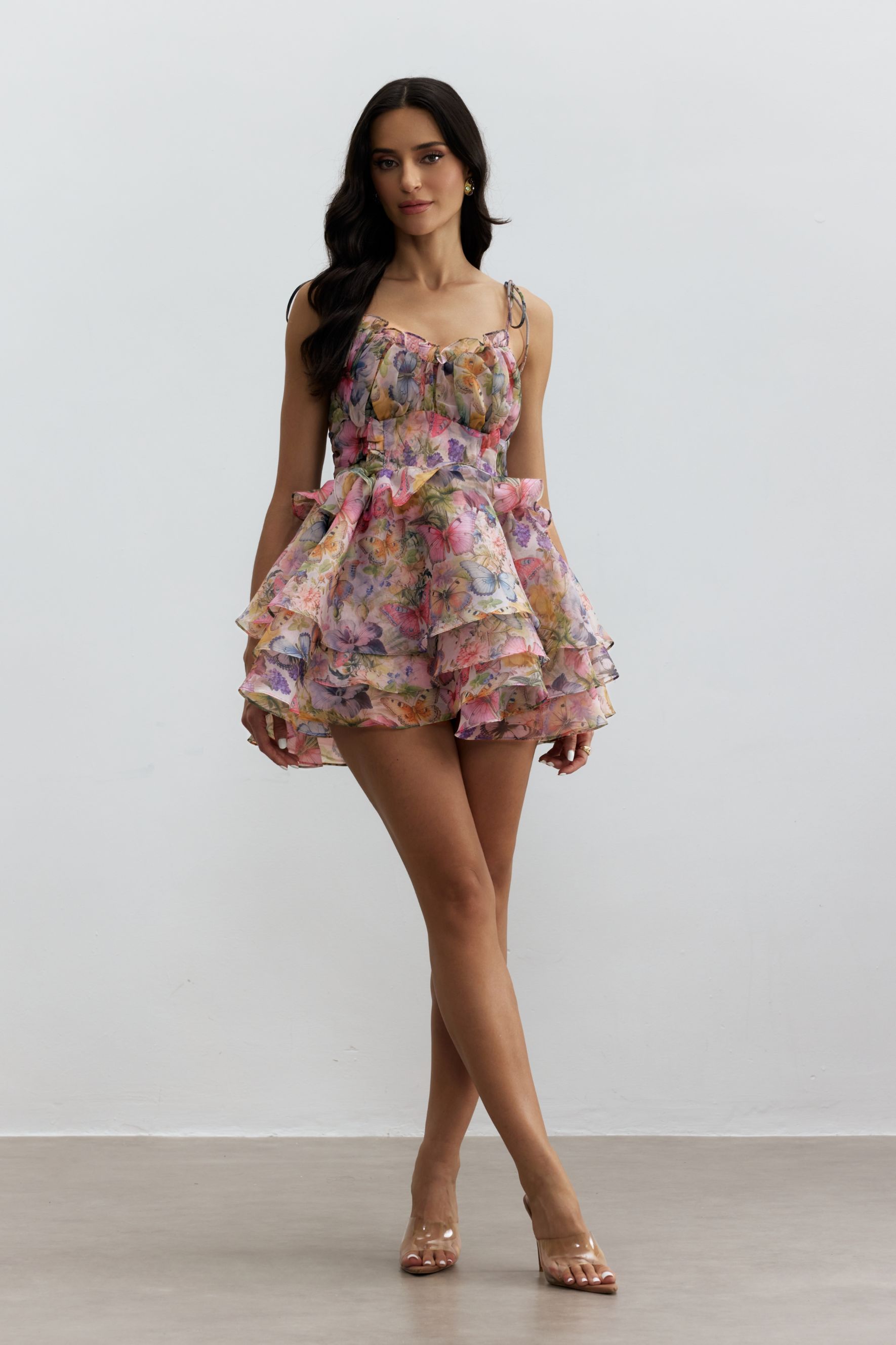 Vita Butterfly Print Ruffle Layered Mini Dress-purelyfable