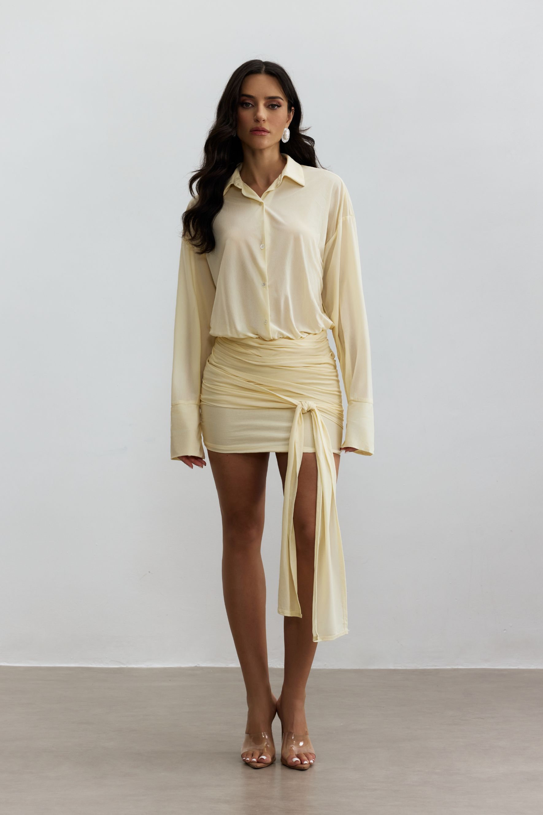 Sandy Ruched Mini Shirt Dress-purelyfable