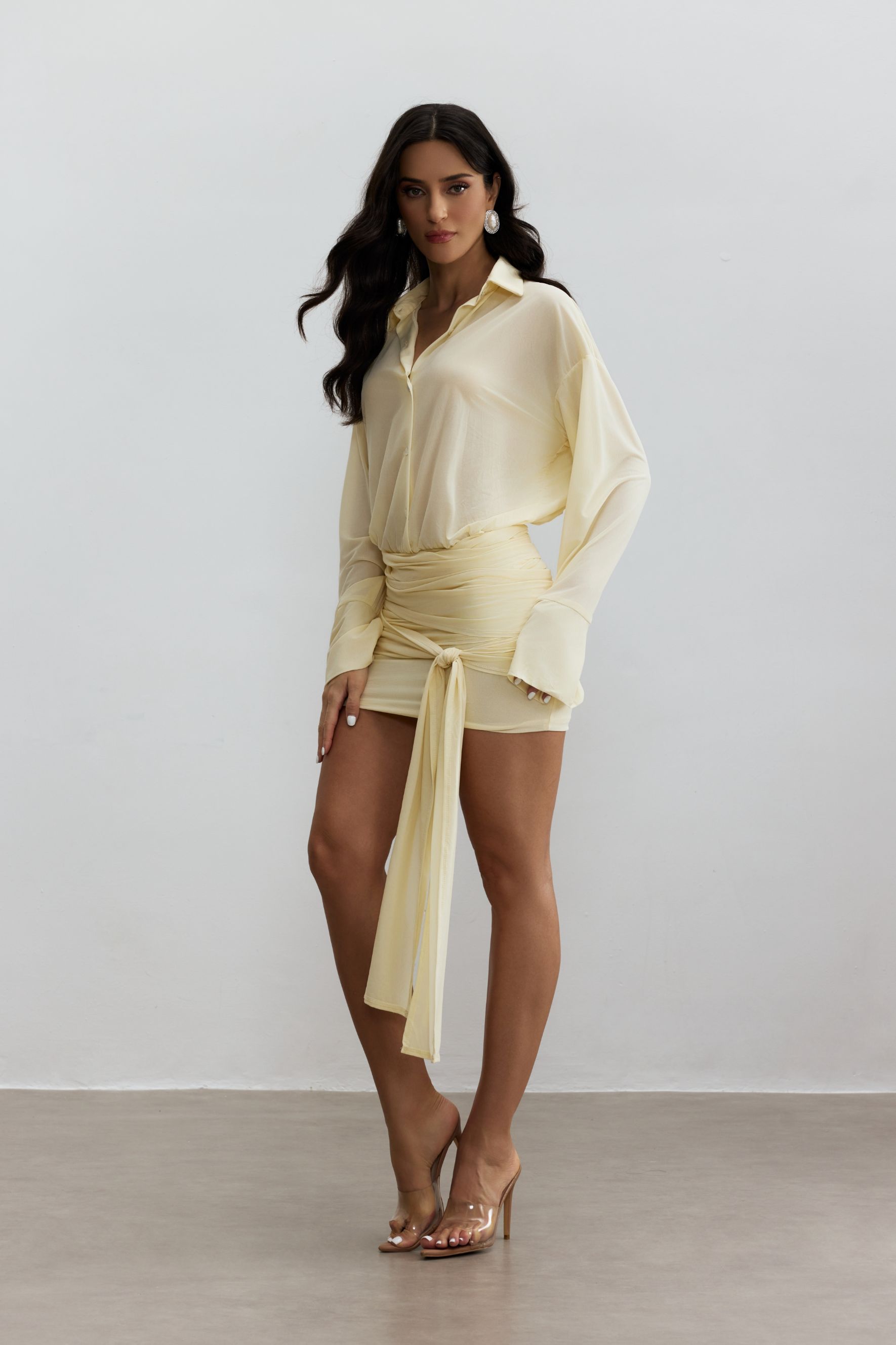 Sandy Ruched Mini Shirt Dress-purelyfable