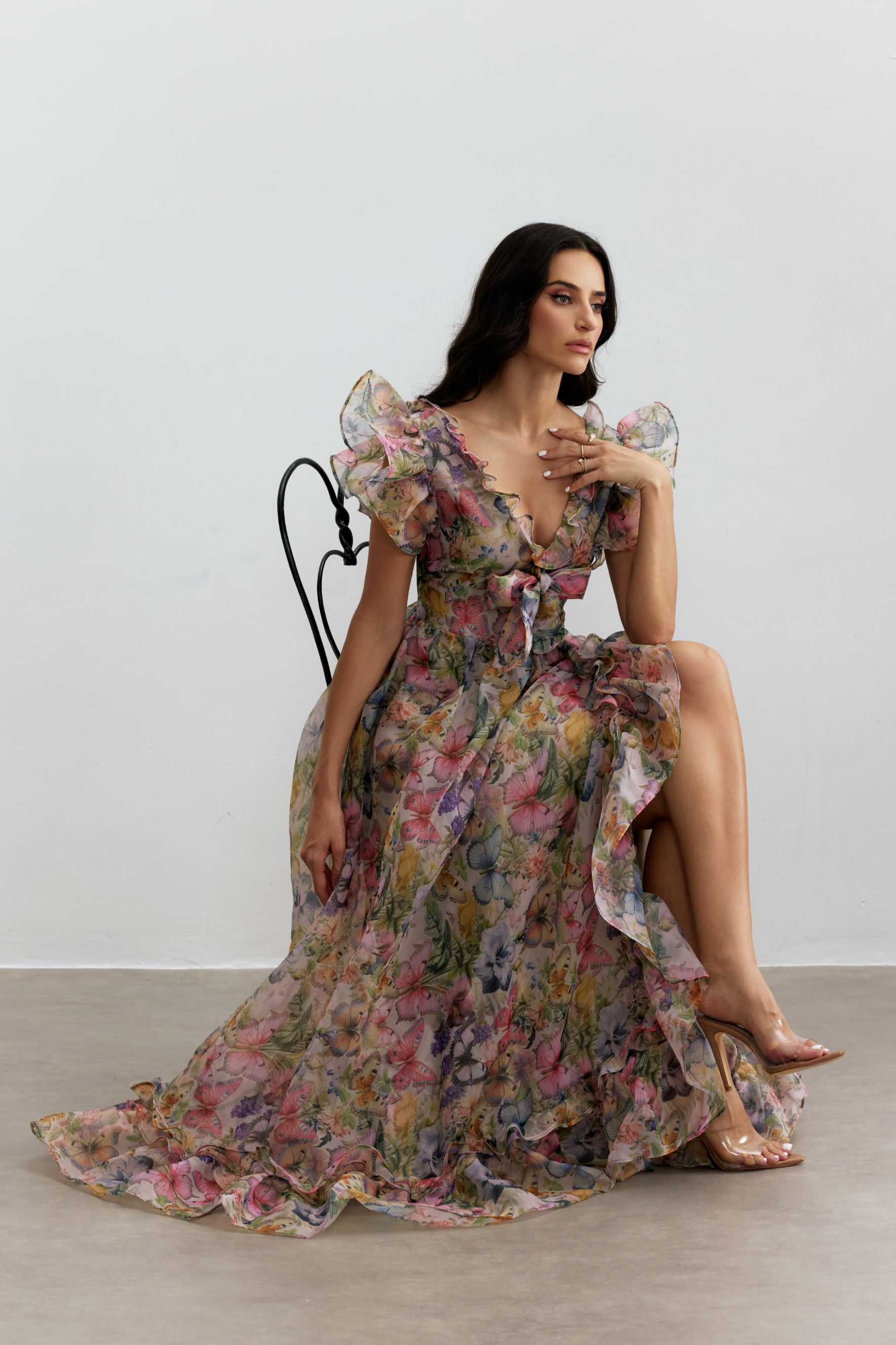 Sarah Butterfly Print Ruffle Chiffon Maxi Dress-purelyfable