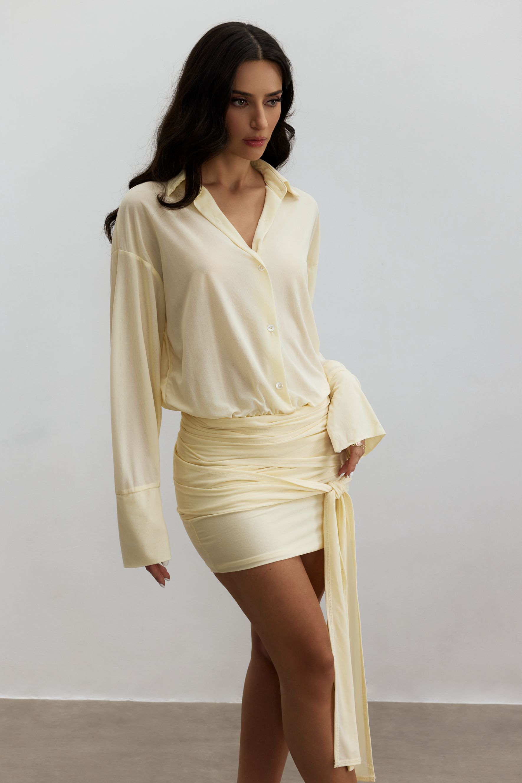 Sandy Ruched Mini Shirt Dress-purelyfable